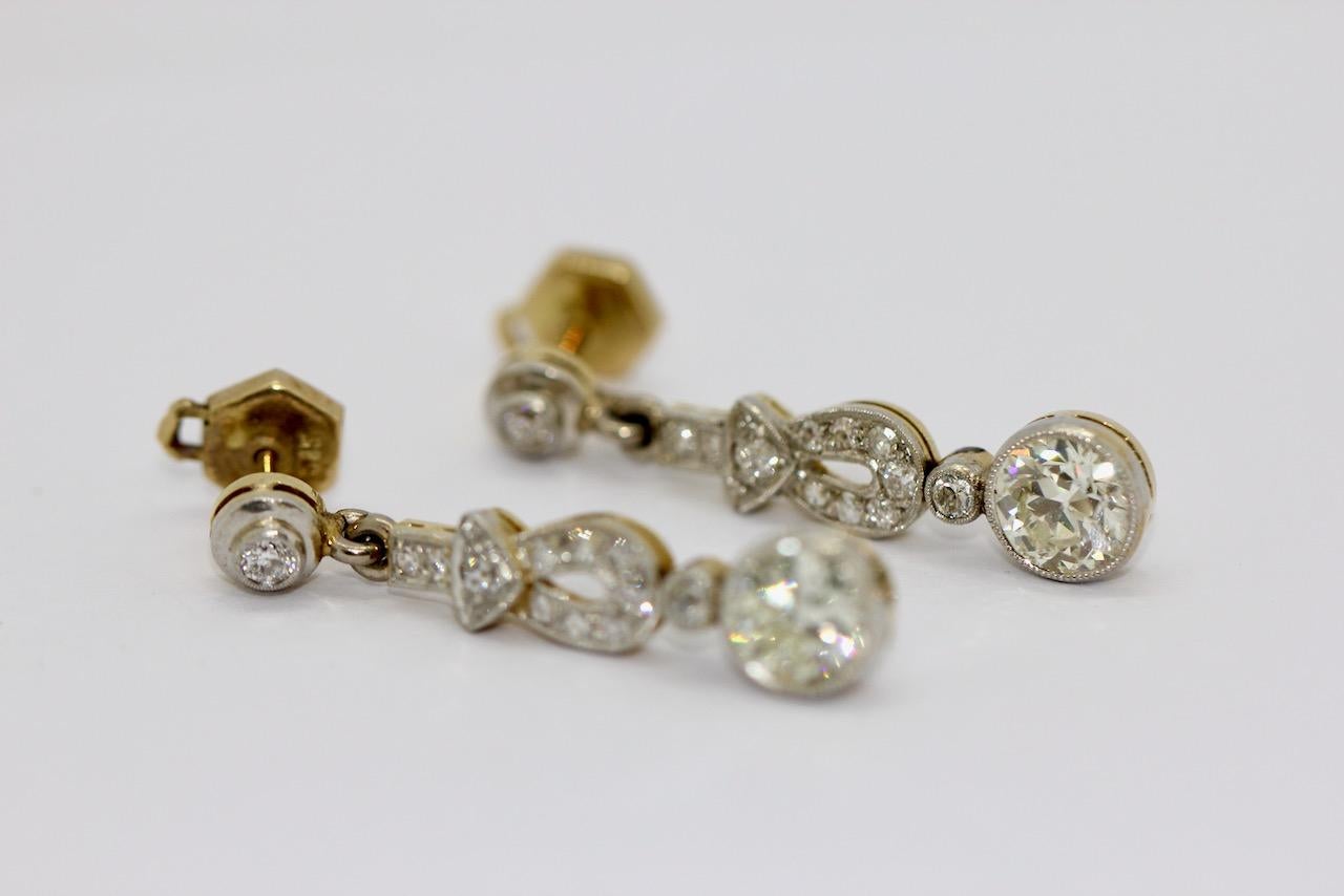 Art Deco, Nouveau Diamond Earrings, Gold and Platinum For Sale 5