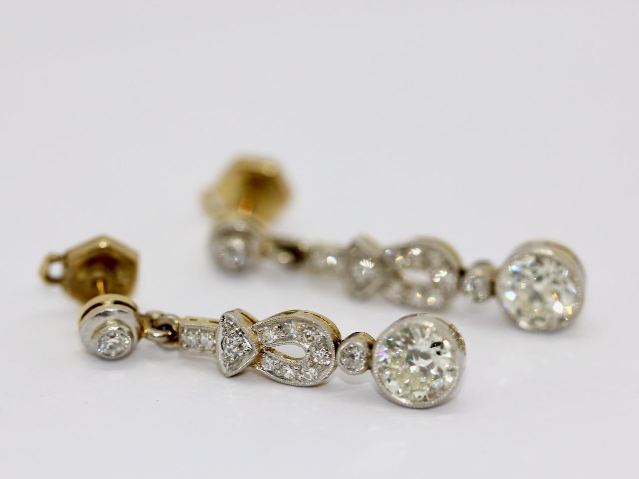 Art Deco, Nouveau Diamond Earrings, Gold and Platinum For Sale 3