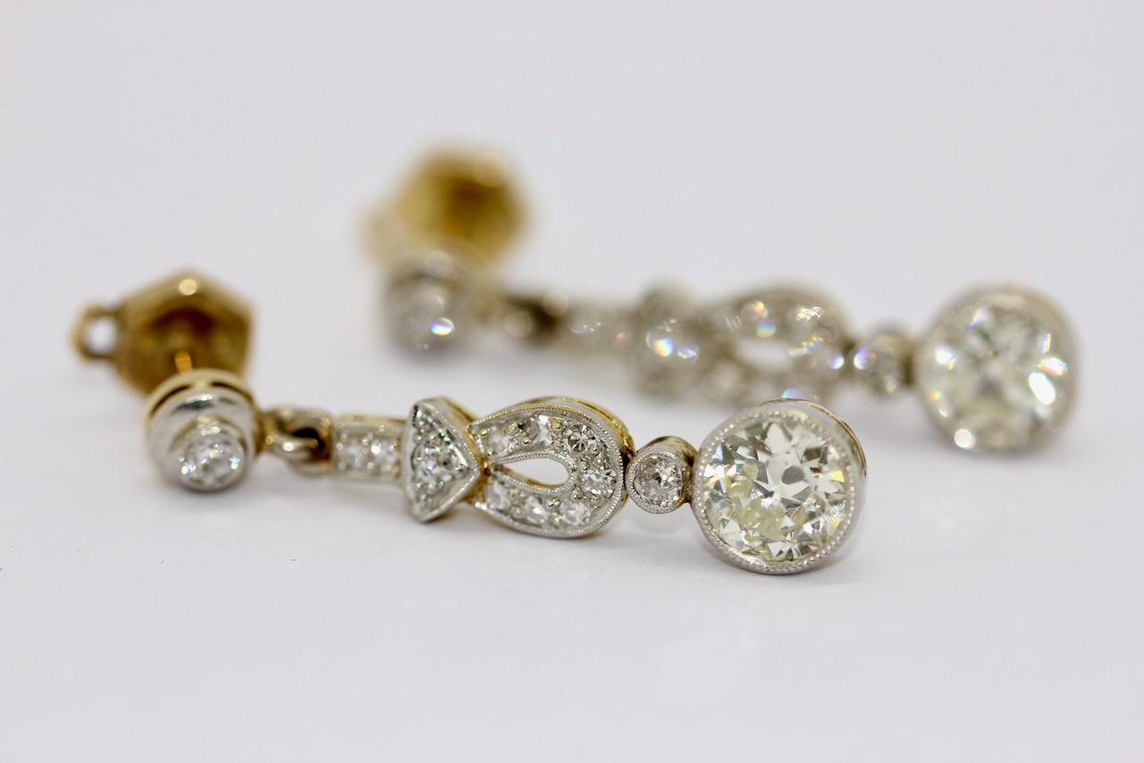 Art Deco, Nouveau Diamond Earrings, Gold and Platinum For Sale 4