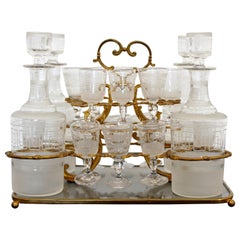Vintage Art Deco Nouveau Gilded Tantalus Glass Liquor Cabinet Barware Set