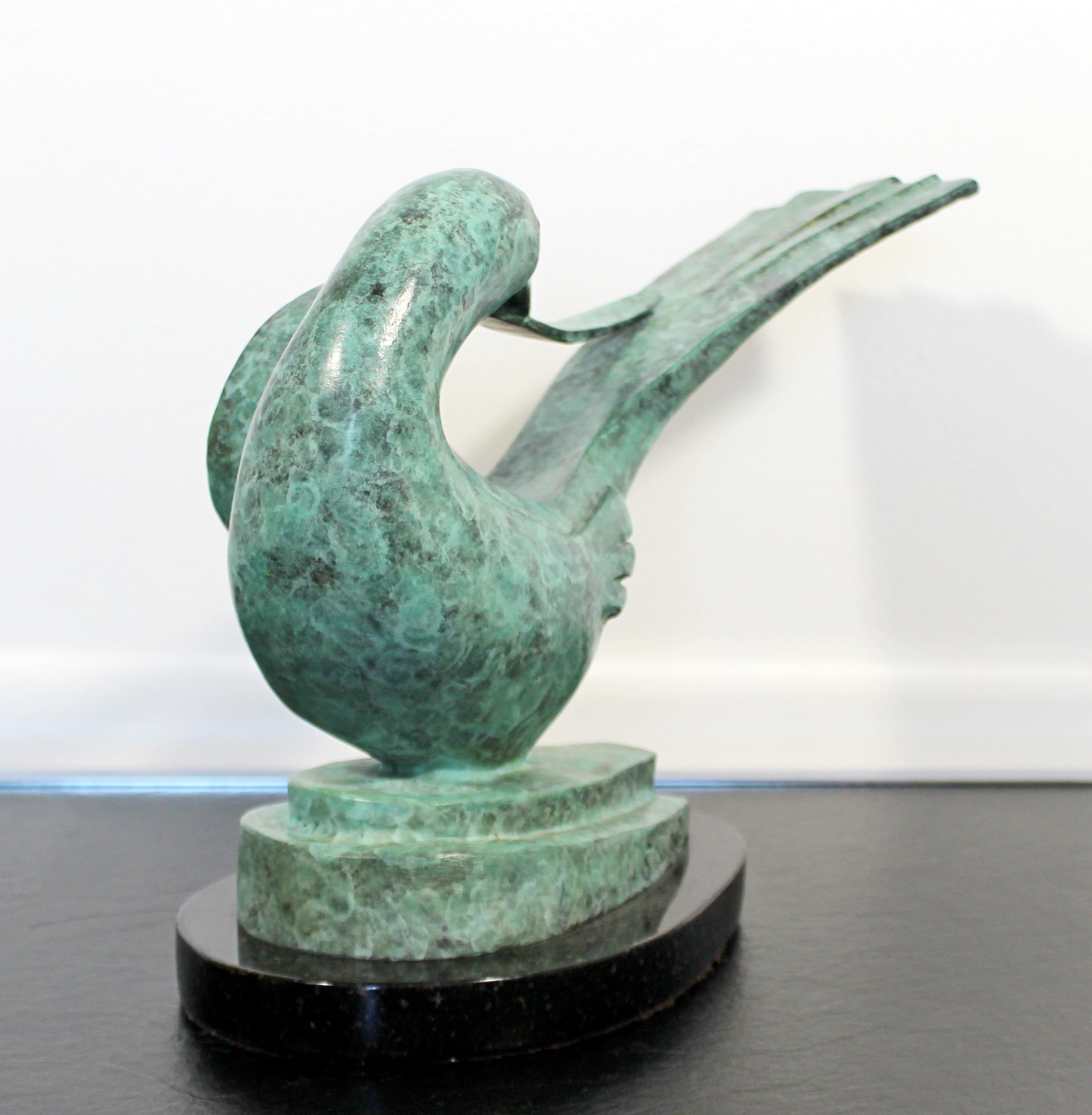 Art Deco Nouveau Green Bronze Bird Table Sculpture on Marble Signed E. Davis In Good Condition In Keego Harbor, MI