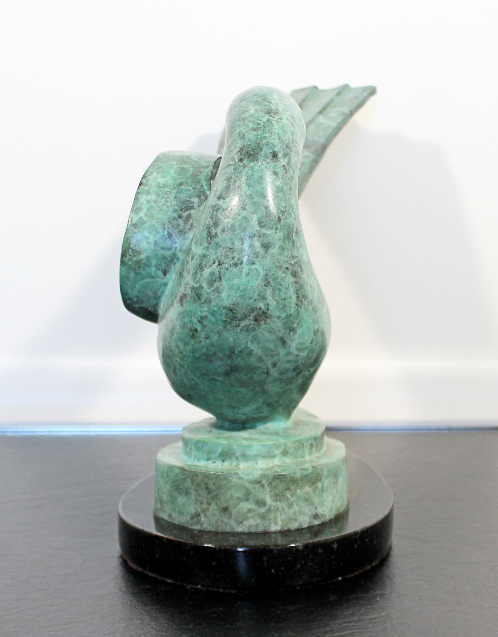 20th Century Art Deco Nouveau Green Bronze Bird Table Sculpture on Marble Signed E. Davis