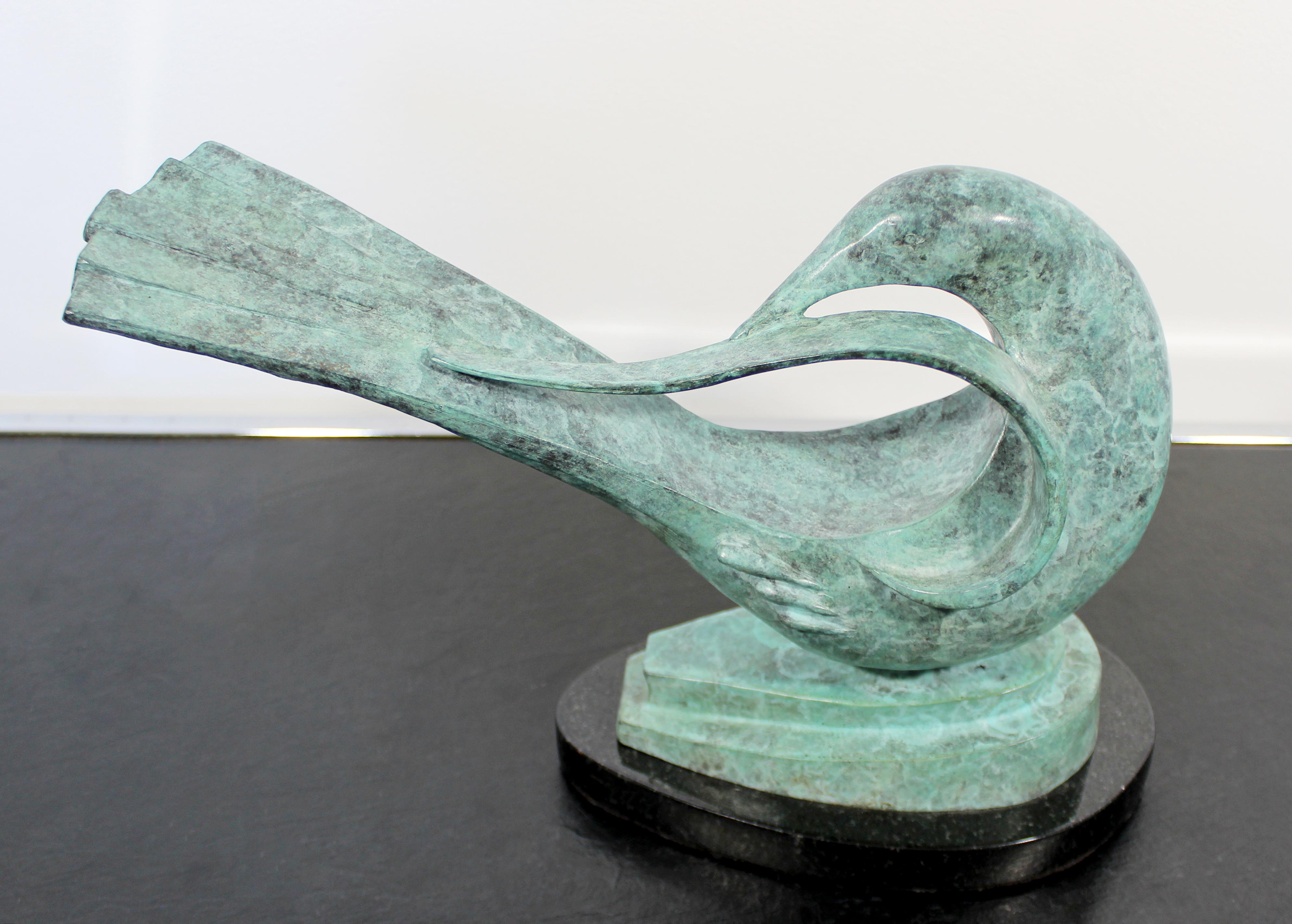 Art Deco Nouveau Green Bronze Bird Table Sculpture on Marble Signed E. Davis 2