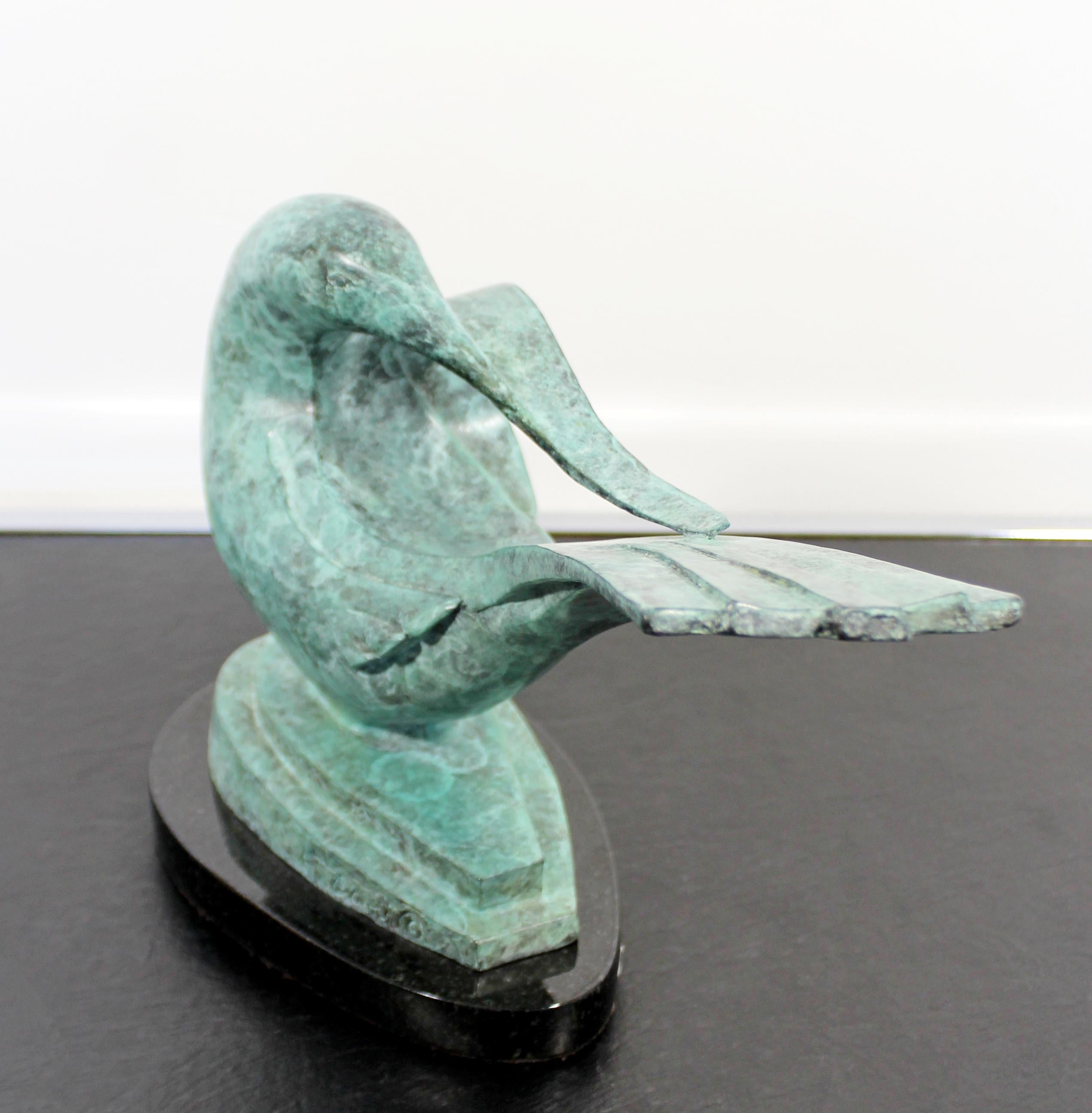 Art Deco Nouveau Green Bronze Bird Table Sculpture on Marble Signed E. Davis 4