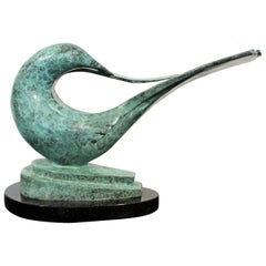 Art Deco Nouveau Green Bronze Bird Table Sculpture on Marble Signed E. Davis