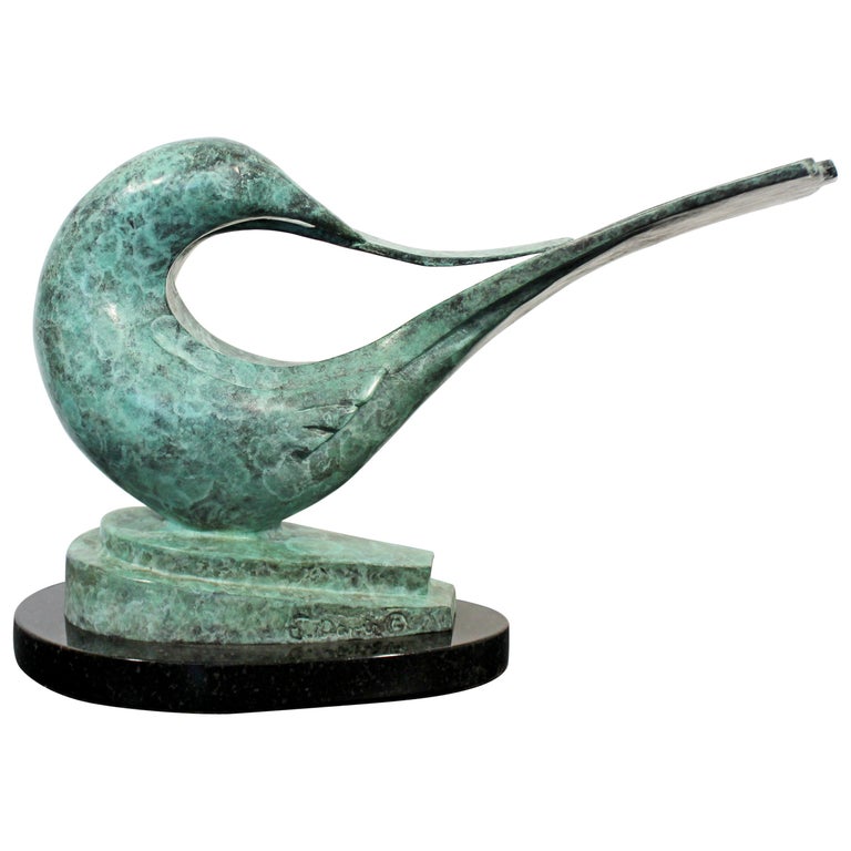 Art Deco Nouveau Green Bronze Bird Table Sculpture on Marble Signed E