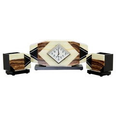 Art Deco Nouveau Marmor und Onyx Wanduhr mit passenden Buchstützen