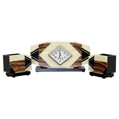 Art Deco Nouveau Marble and Onyx Mantle Clock with Matching Bookends