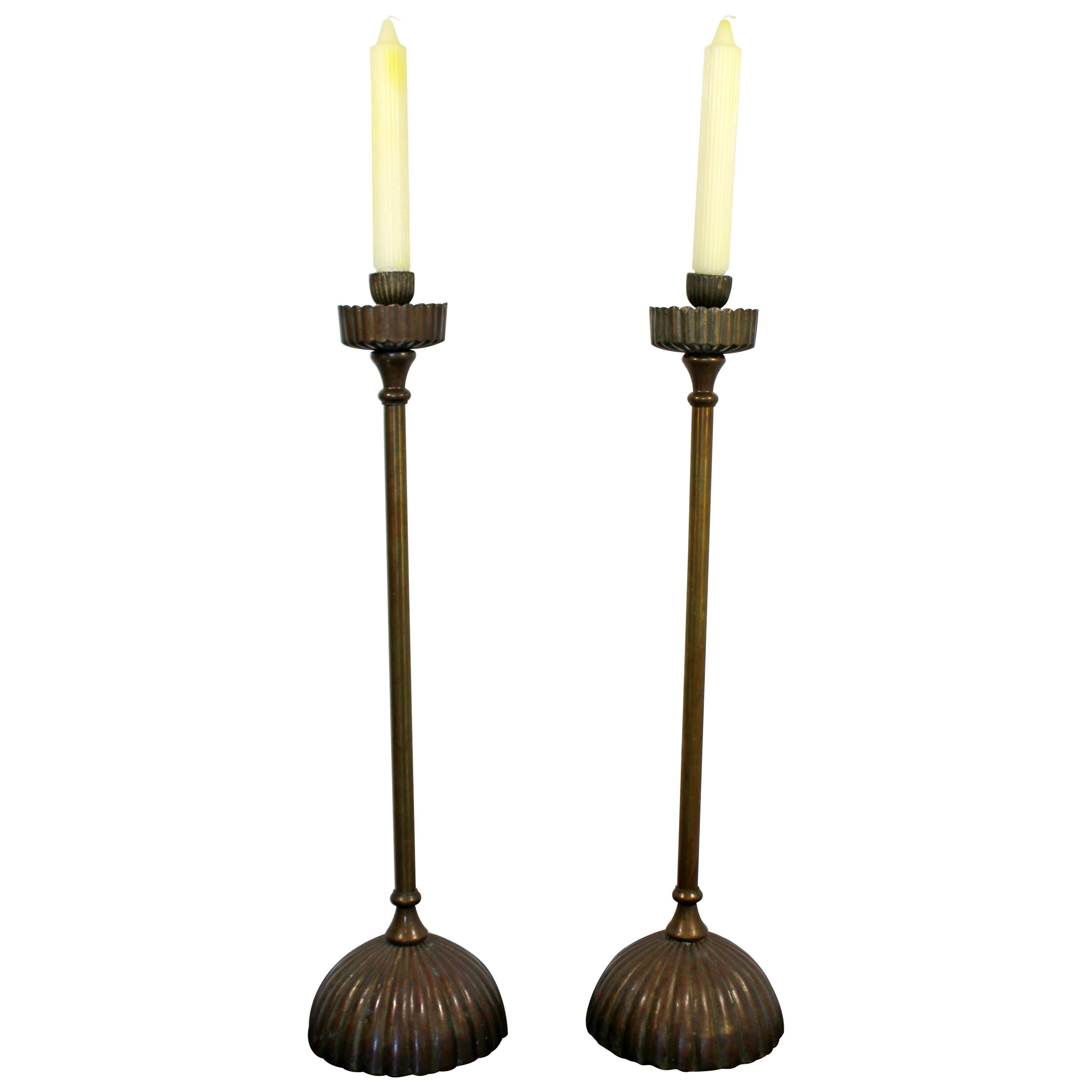 Art Deco Nouveau Pair of Tall Metal Candle Holders Tiffany Style