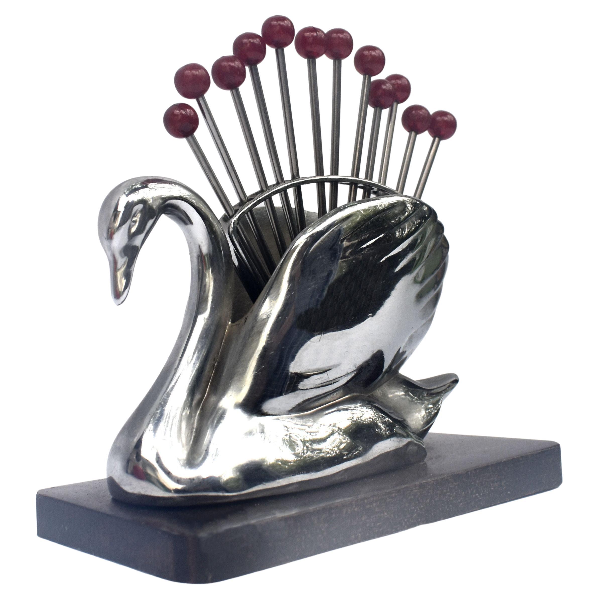 French Art Deco Chrome and Bakelite Cocktail Pick Set with Snail Holder