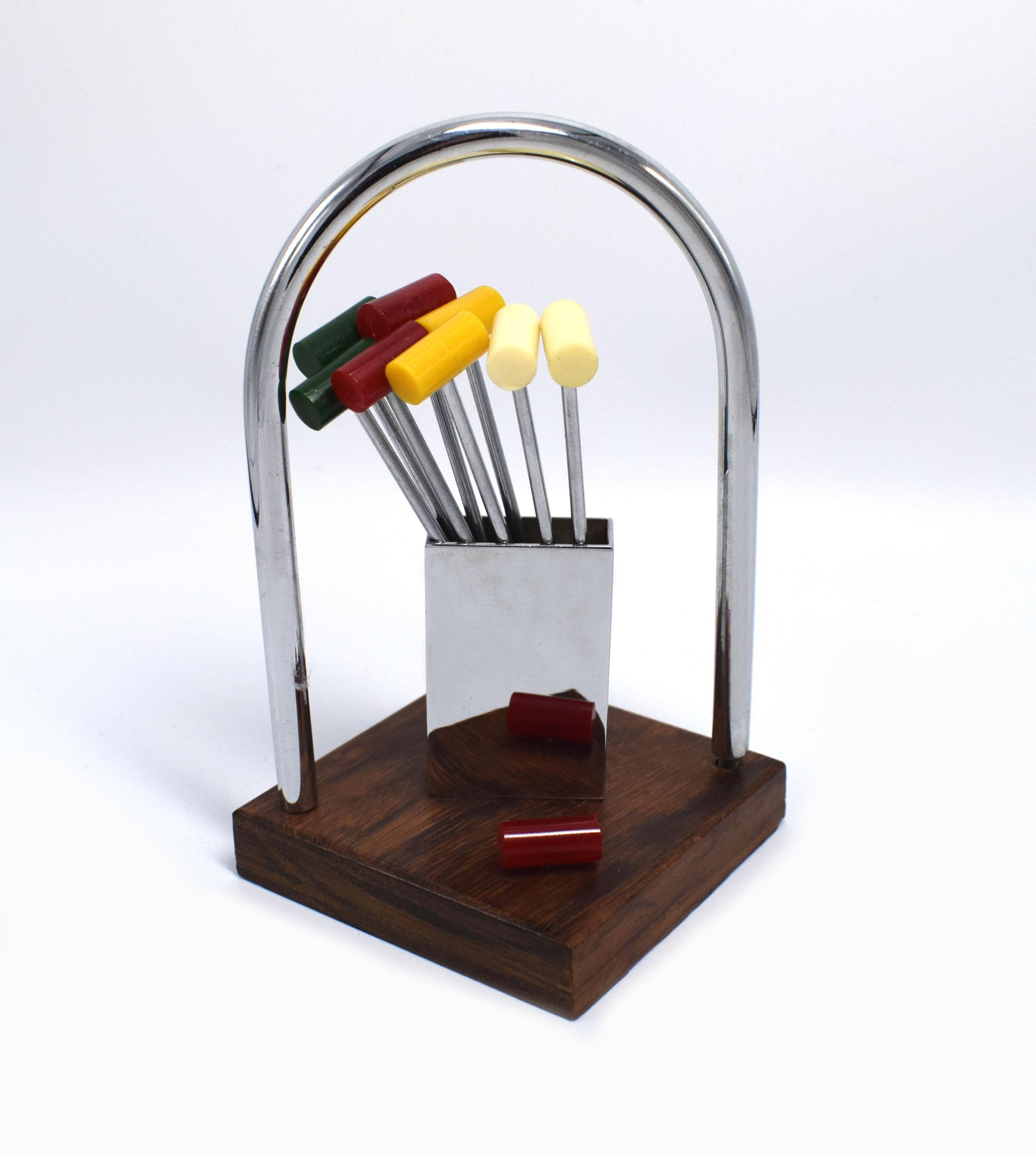 Art Deco Novelty Cocktail Stick Set in Bakelite and Chrome, circa 1930 In Good Condition In Devon, England