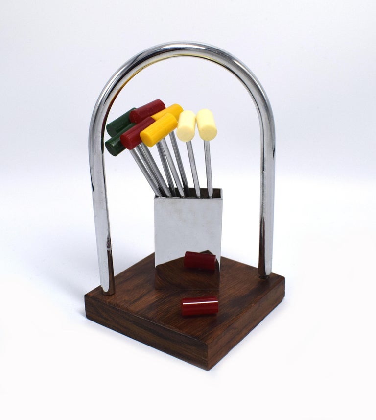 Art Deco Novelty Cocktail Stick Set in Bakelite and Chrome, circa 1930