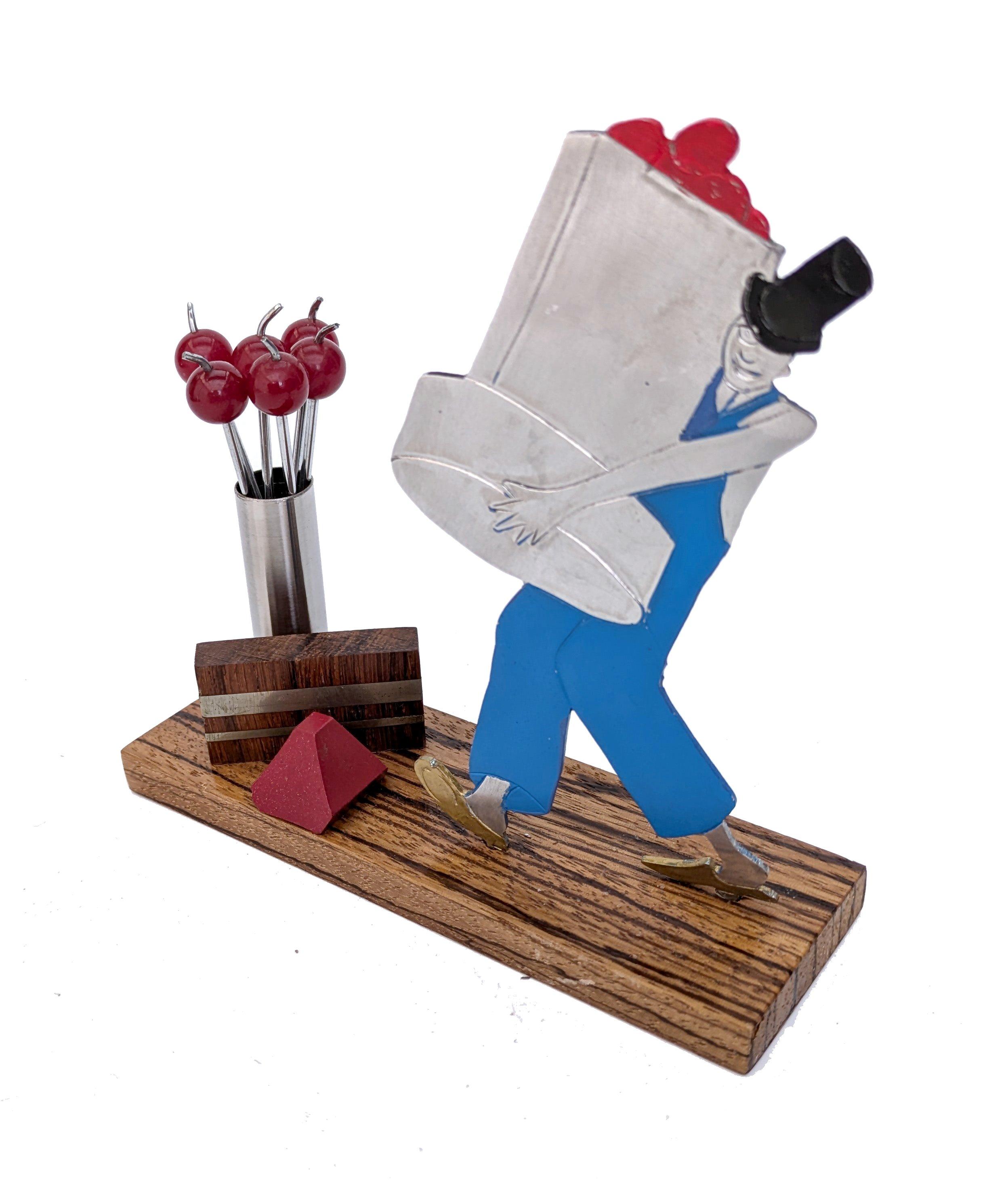 Original French 1930s novelty cocktail stick set unsigned by SUDRE with 6 cherry red bakelite and chrome cocktail sticks. These sets are very rare and sought after, dating from the 1930s. A two dimensional coloured aluminium figure of a Frenchman