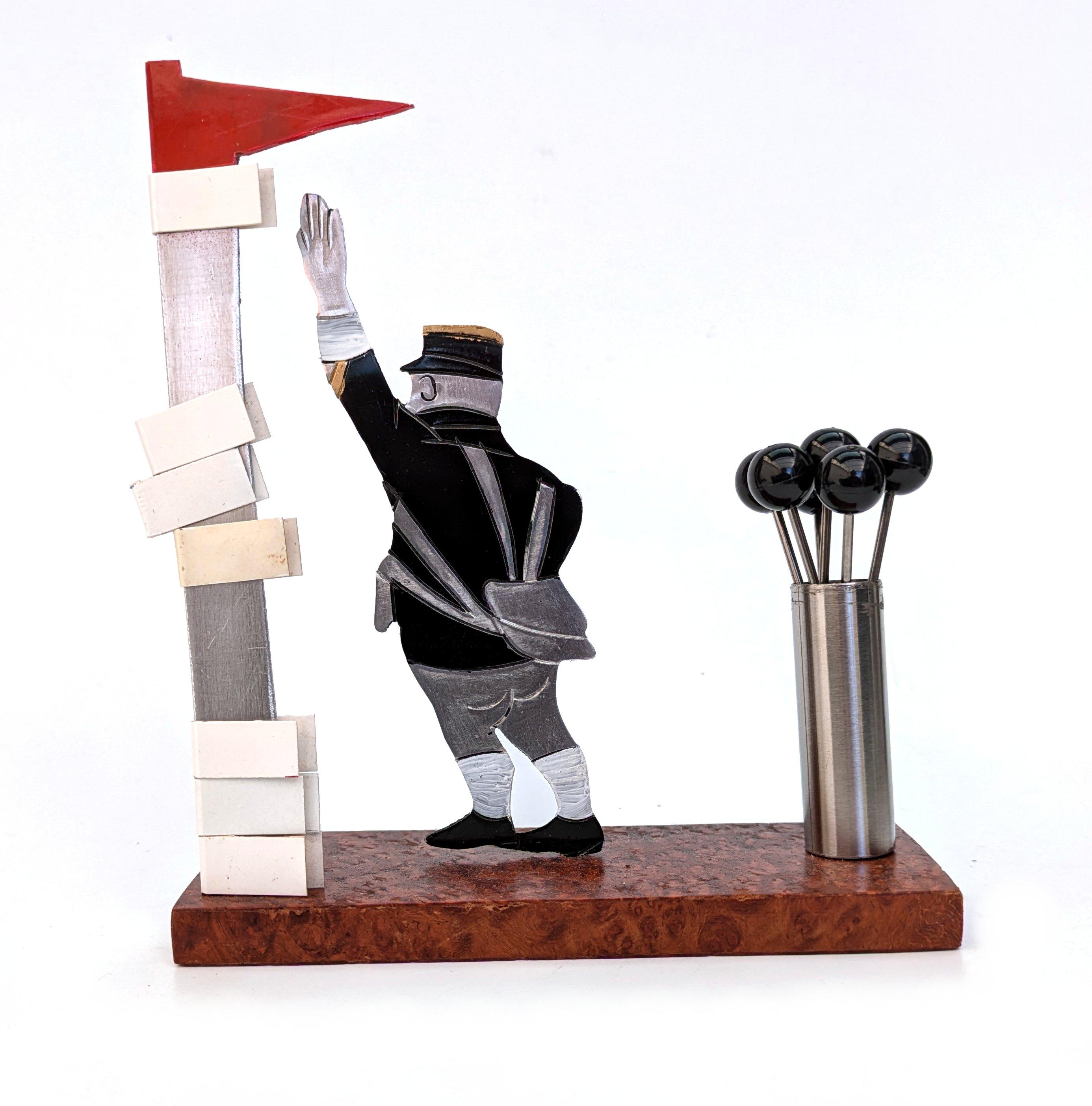Original French wonderful novelty cocktail menu set unsigned by SUDRE. These sets are very rare and sought after, dating from the 1930s. A two dimensional coloured aluminium French man who is directing traffic, with a aluminium pole to his side