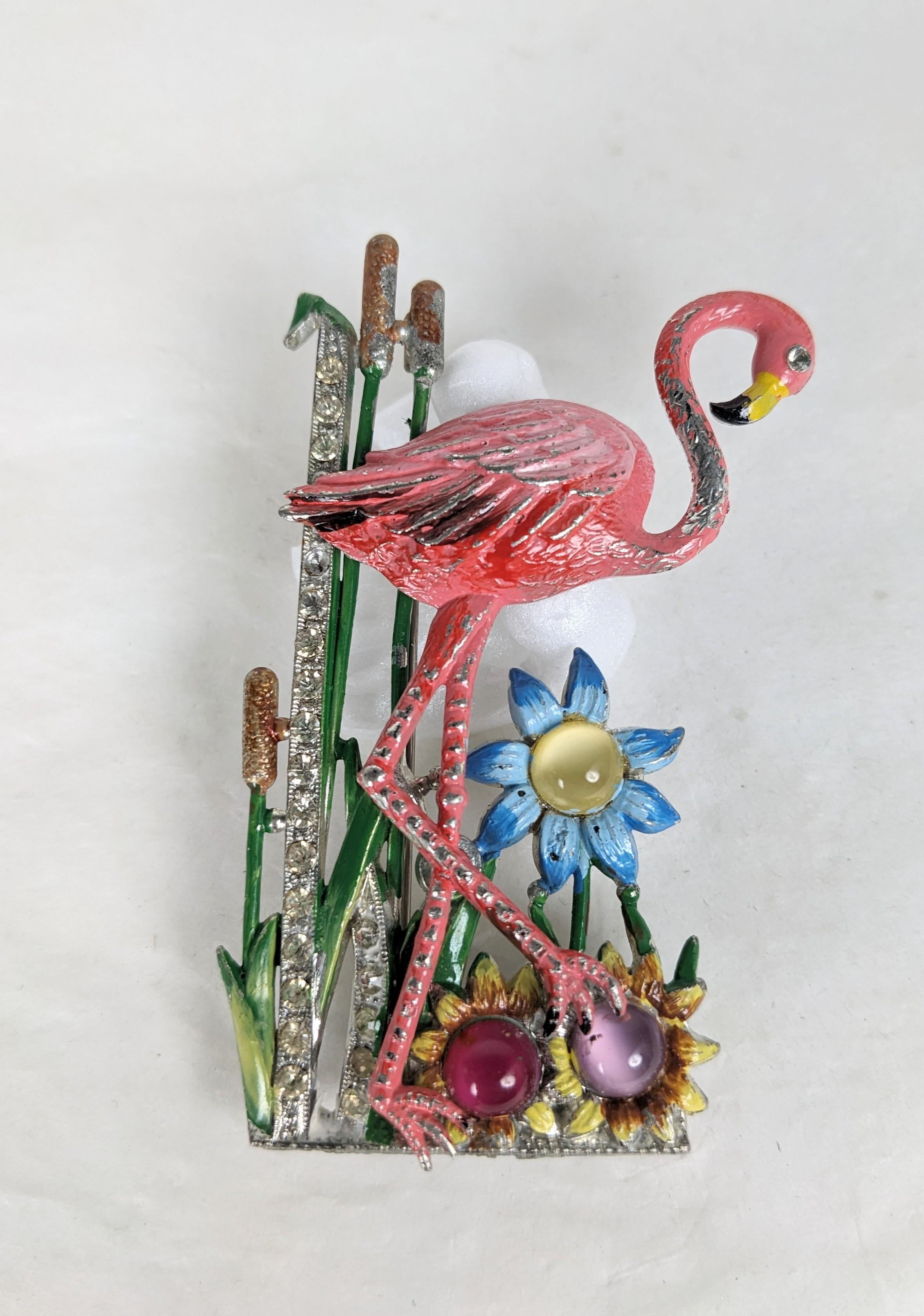 Charming Art Deco Novelty Flamingo Brooch from the 1930's. Likely made by Coro with pave accents and enamel highlights set with moonglow cabochons. 3