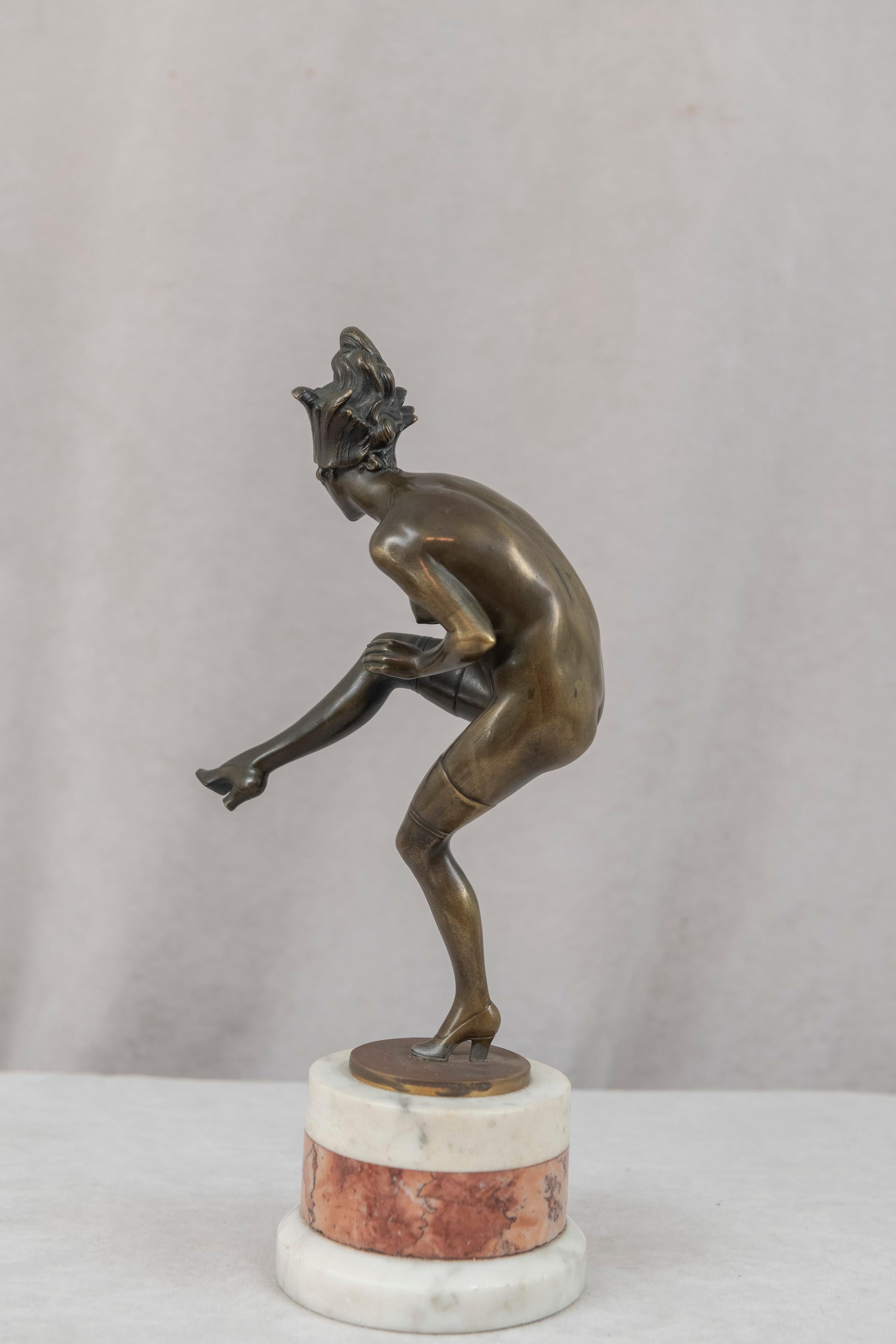 Austrian Art Deco Nude Bronze Dancer, by Bruno Zach, on Marble Base, circa 1920s For Sale