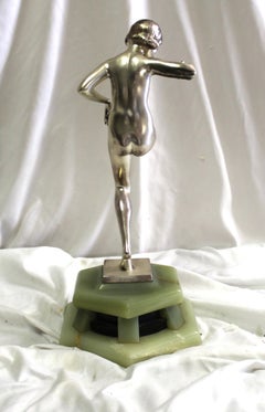 Art Deco nude dancer , silvered , signed  bronze