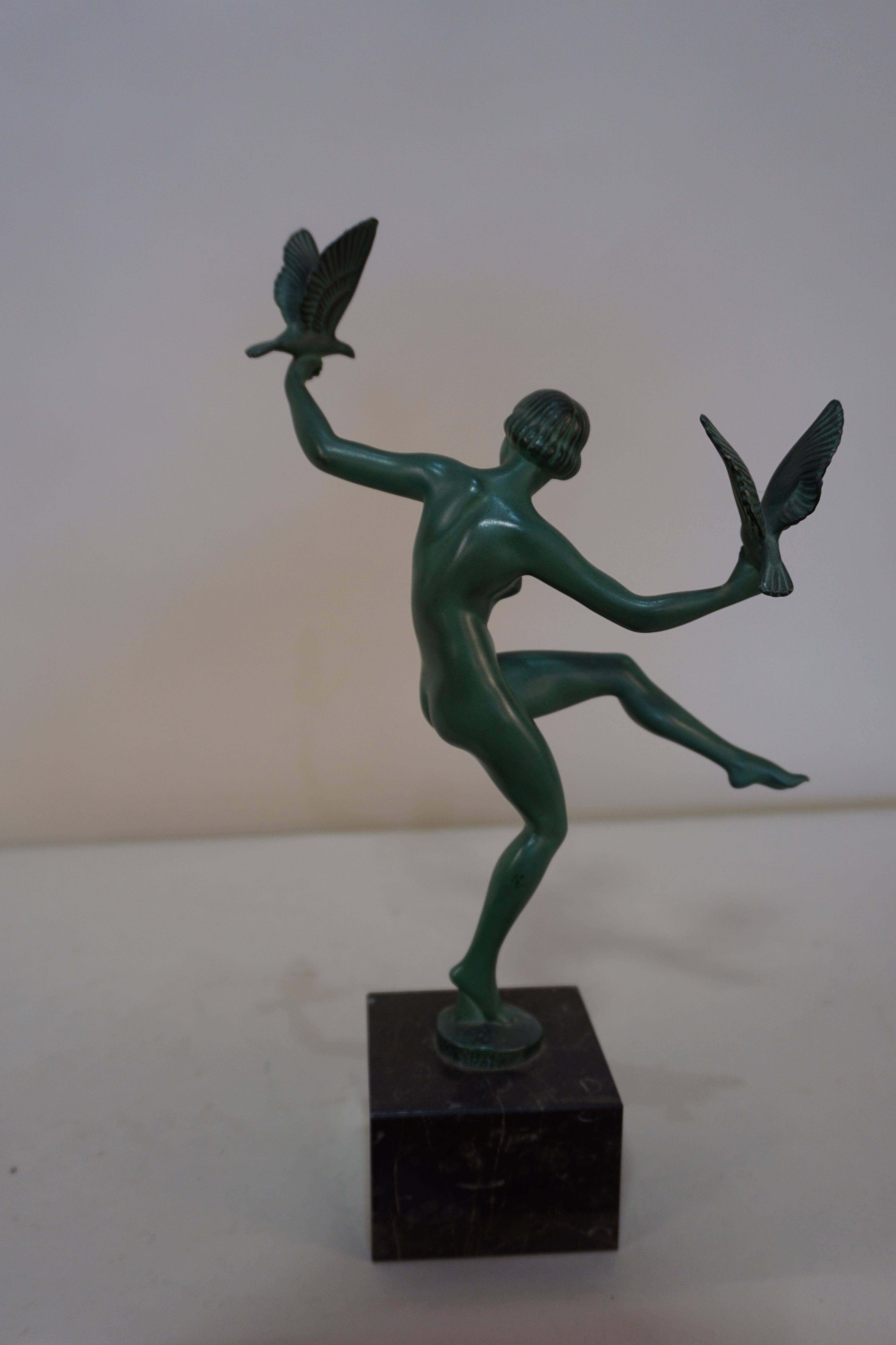 French Art Deco Nude Dancer with Birds by Briand