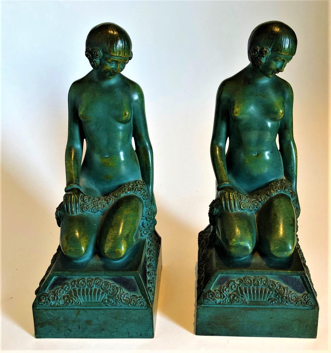 Art Deco Nude Erotic Woman Bronze Bookends, c. France 1925, Signed Scribe 8