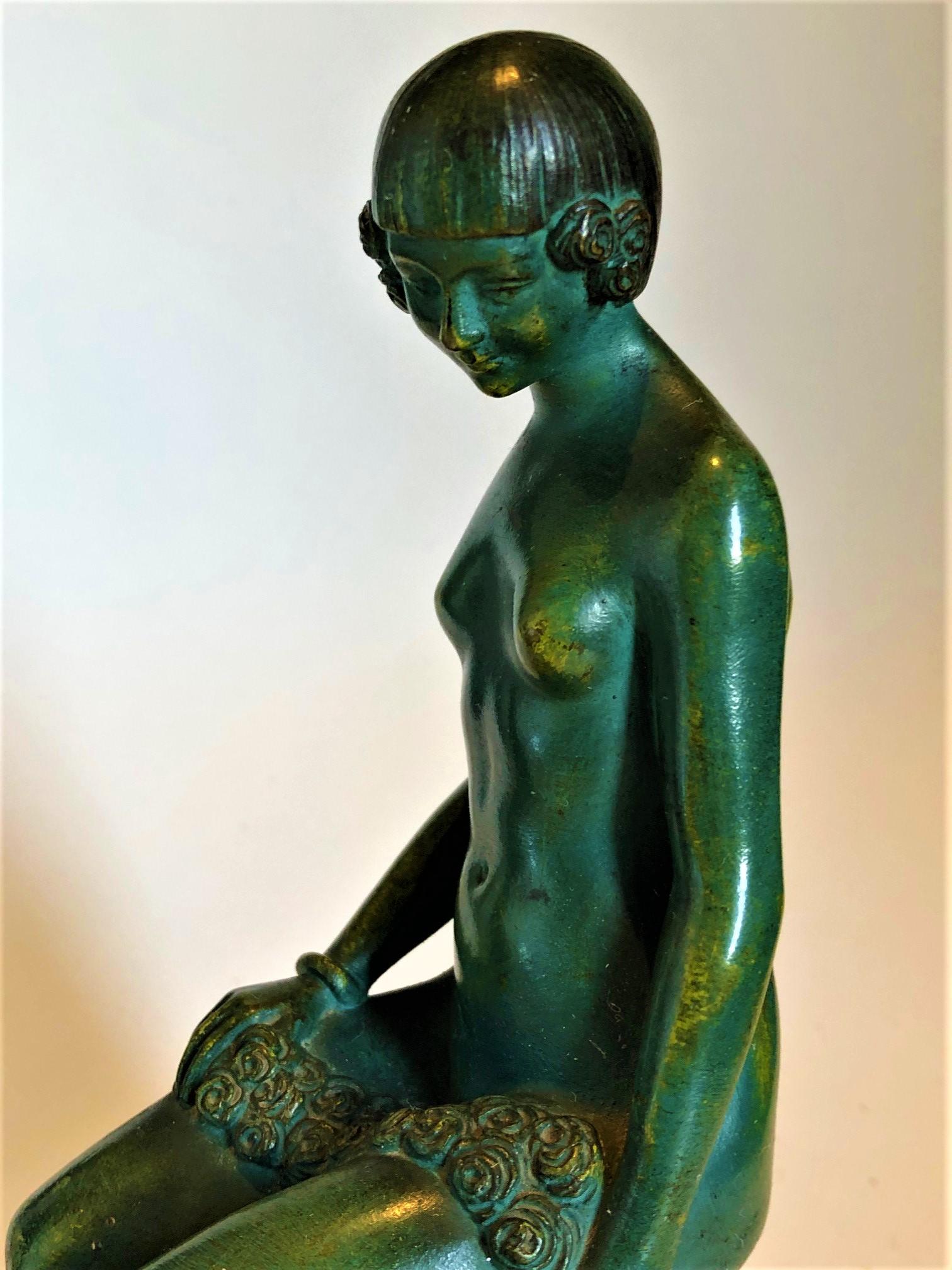 Polychromé Serre-livres en bronze Art déco Femme nue érotique, c. France 1925, signé Scribe