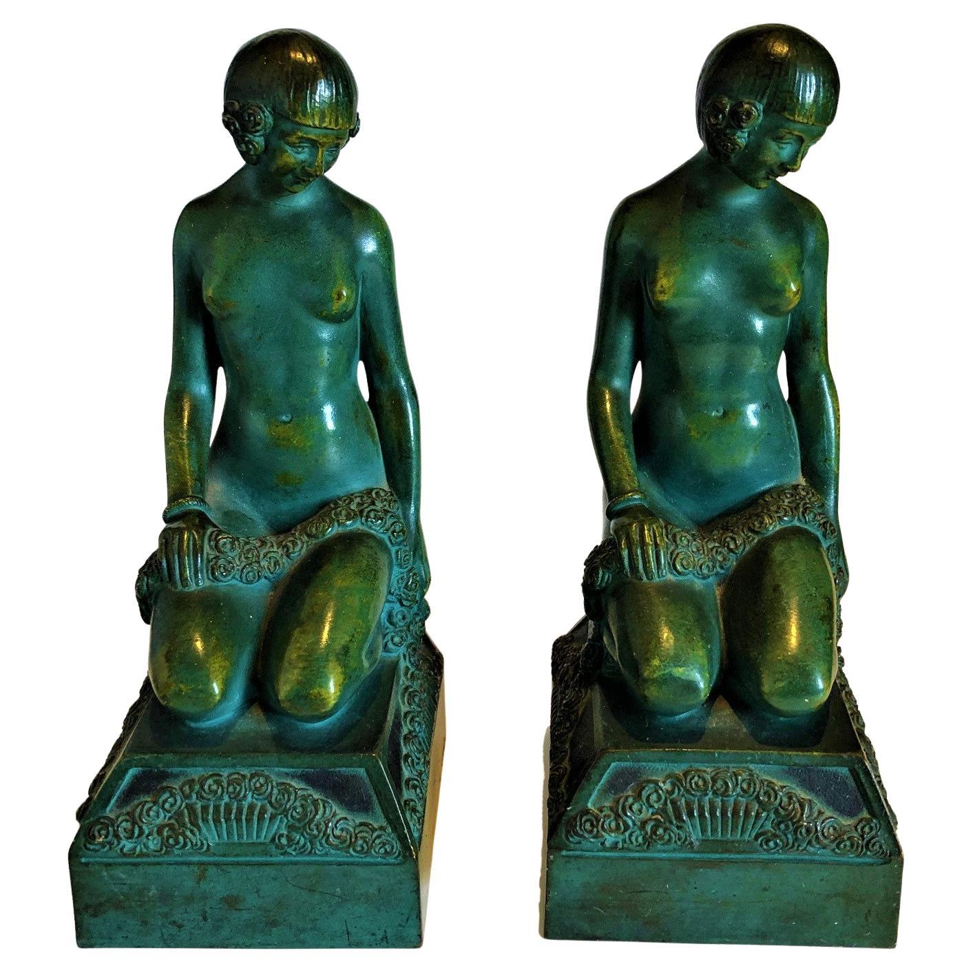 Art Deco Nude Erotic Woman Bronze Bookends, c. France 1925, Signed Scribe
