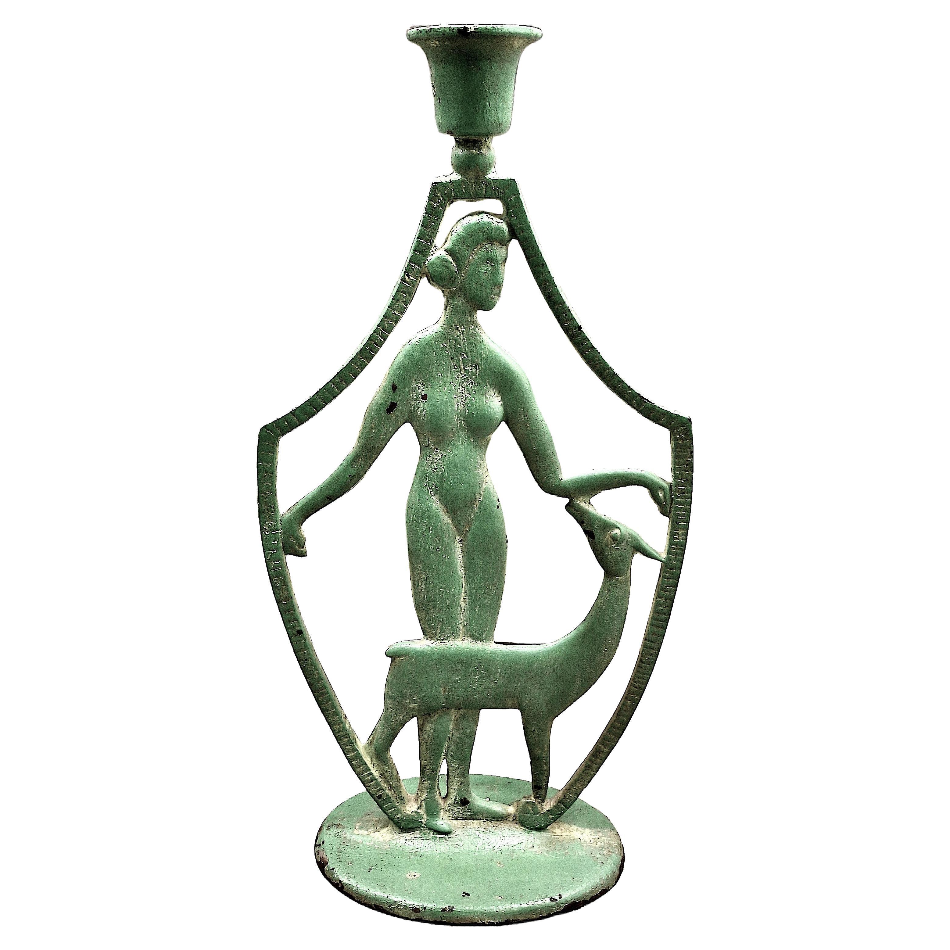Art Deco Nude Female with Deer Candlestick For Sale