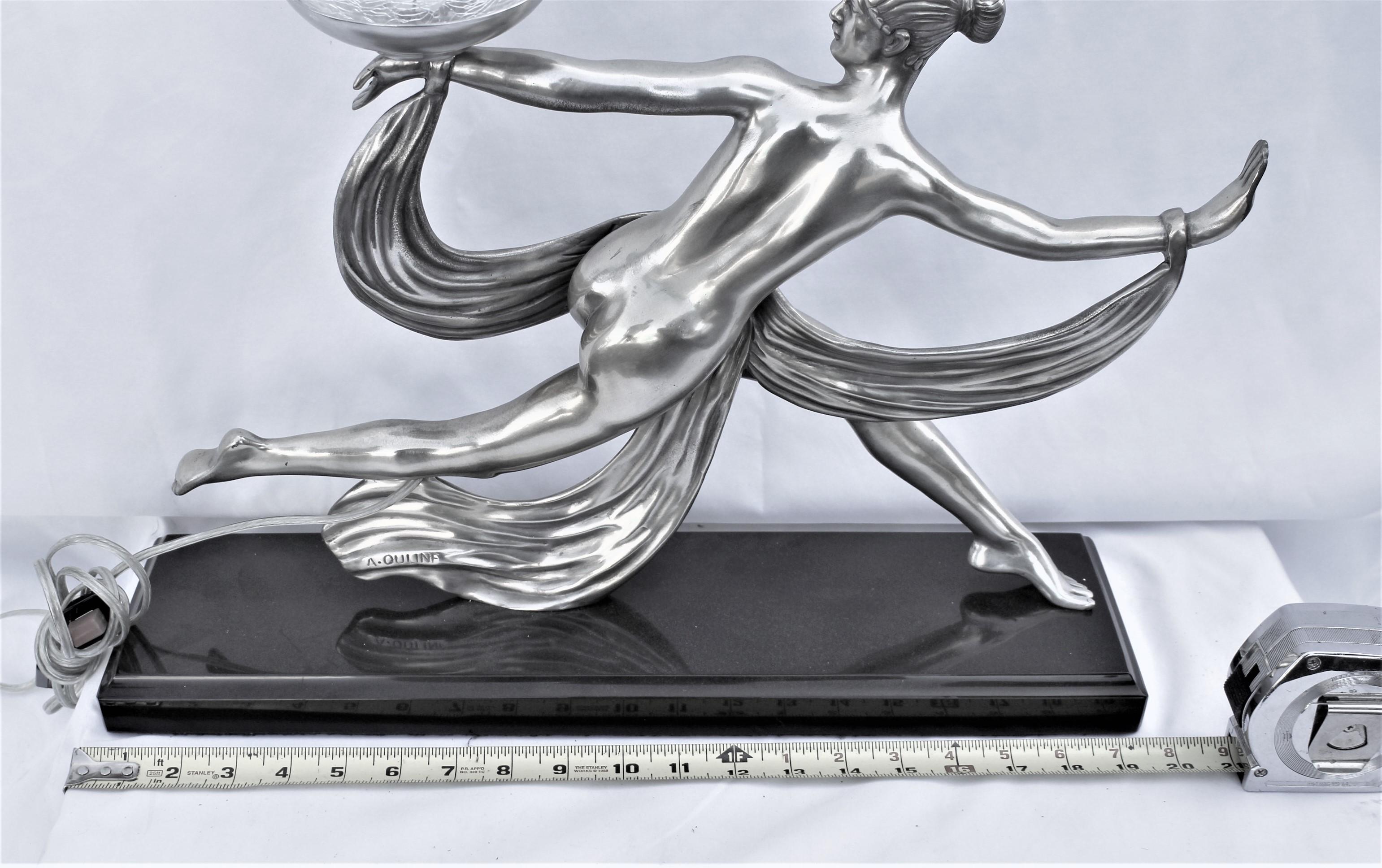 Lampe Art Déco nue/après A.Ouline Bronze Argenté en vente 1