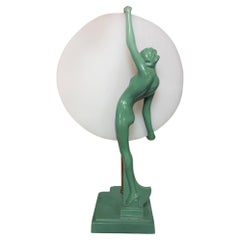 Art Deco Nude Nymph Silhouette Moon Green Spelter Table Lamp by Frankart