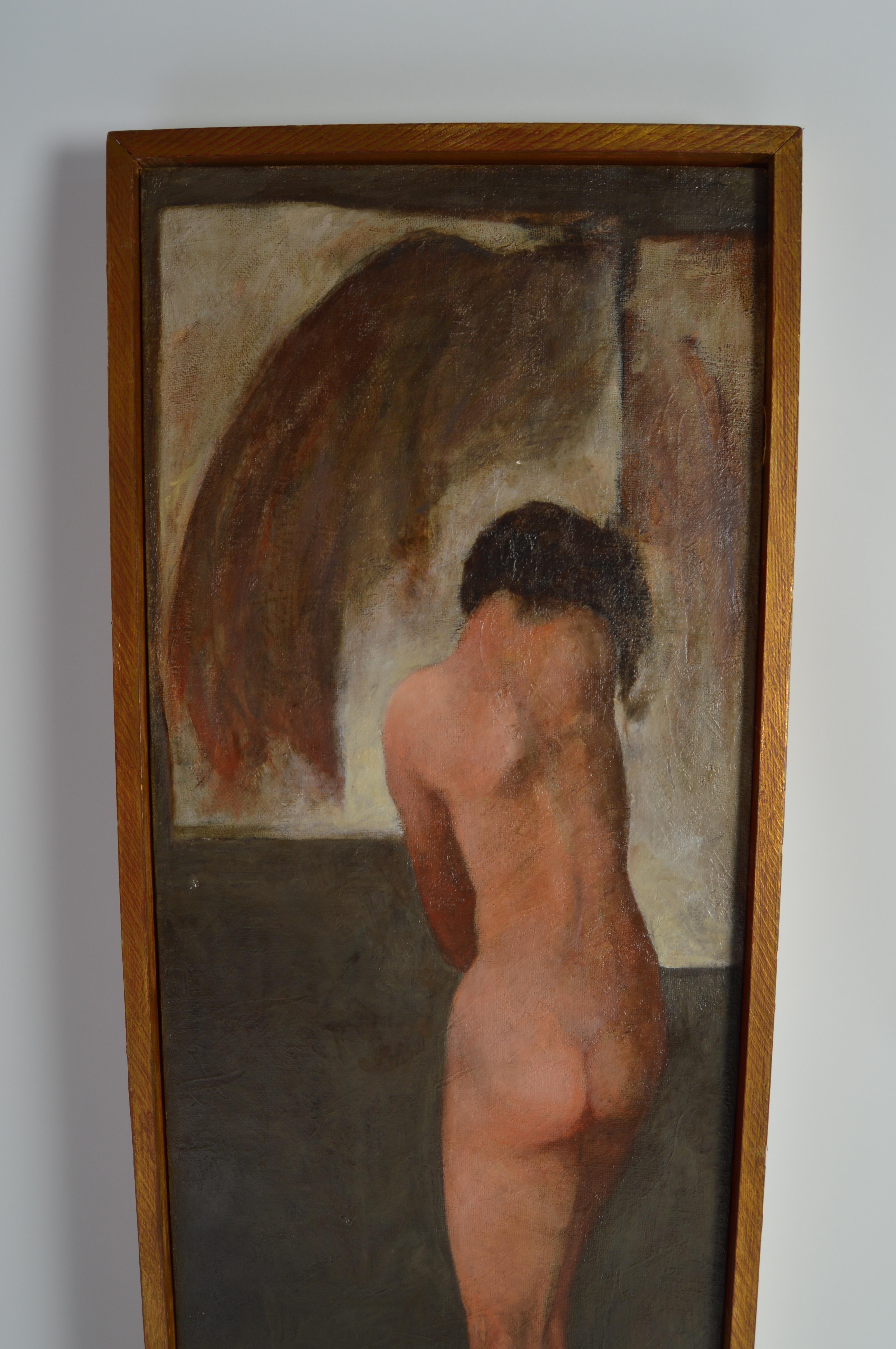 A beautiful nude oil painting of a ballerina in studio having original frame and burlap canvas. 
A remnant of the original label remains. Artist unknown, circa 1930.