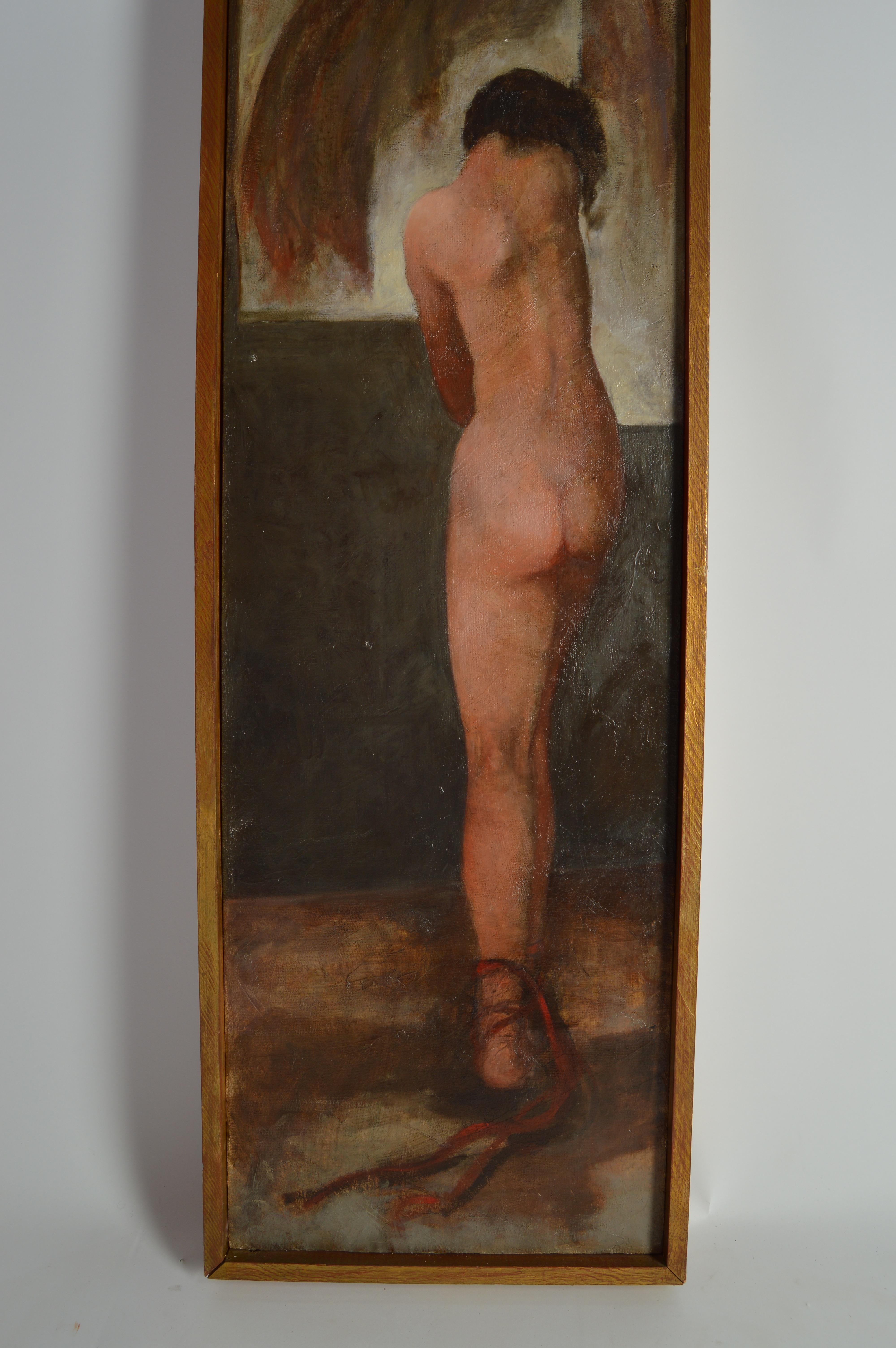 Expressionist Art Deco Nude Oil Painting on Burlap circa 1930 in the Manner of Edvard Munch