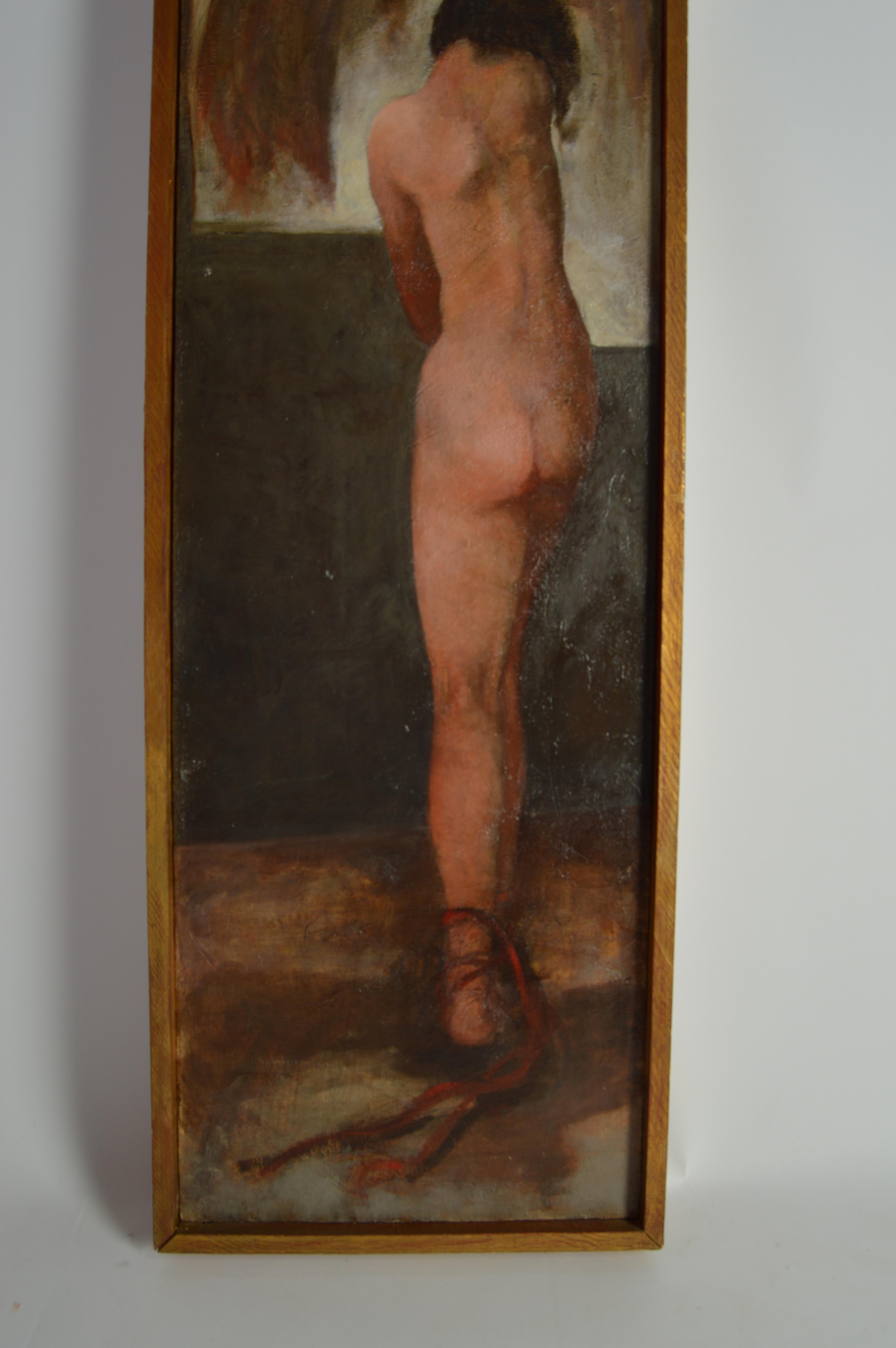 American Art Deco Nude Oil Painting on Burlap circa 1930 in the Manner of Edvard Munch