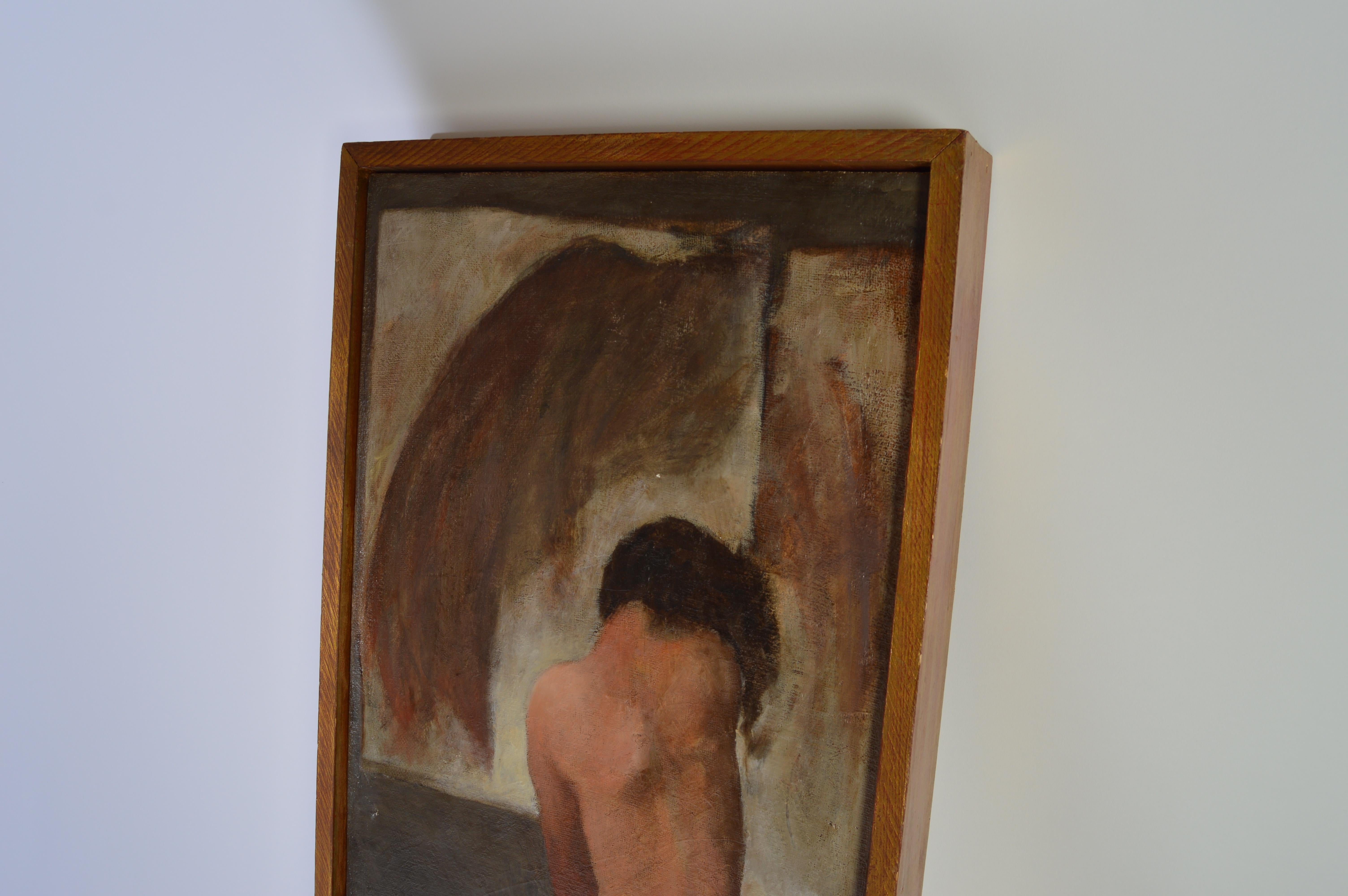 Mid-20th Century Art Deco Nude Oil Painting on Burlap circa 1930 in the Manner of Edvard Munch