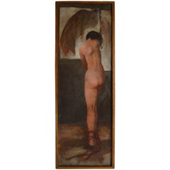 Vintage Art Deco Nude Oil Painting on Burlap circa 1930 in the Manner of Edvard Munch