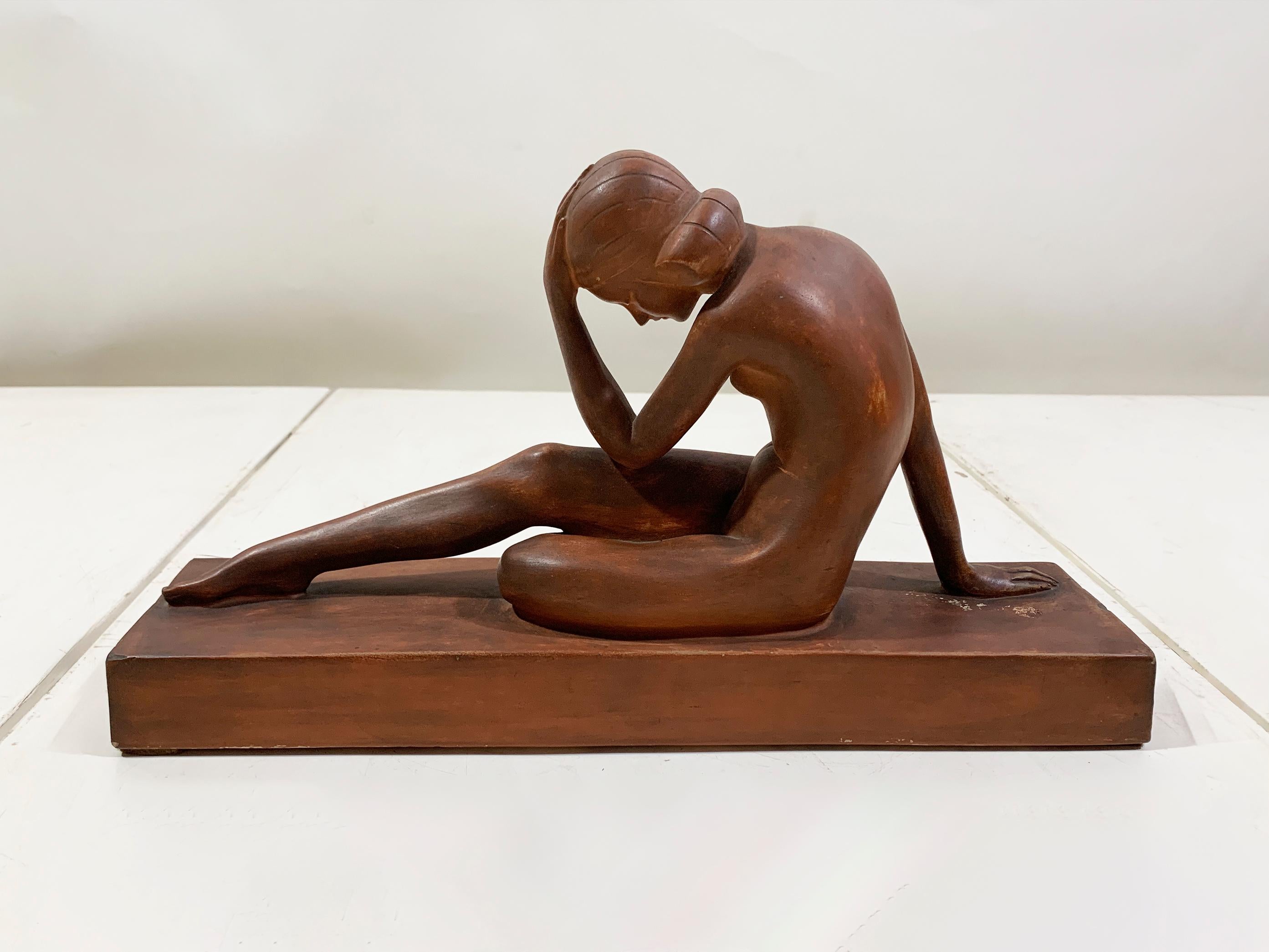 Art Déco Scultura Art Deco di nudo in terracotta, circa anni '30, firmata 