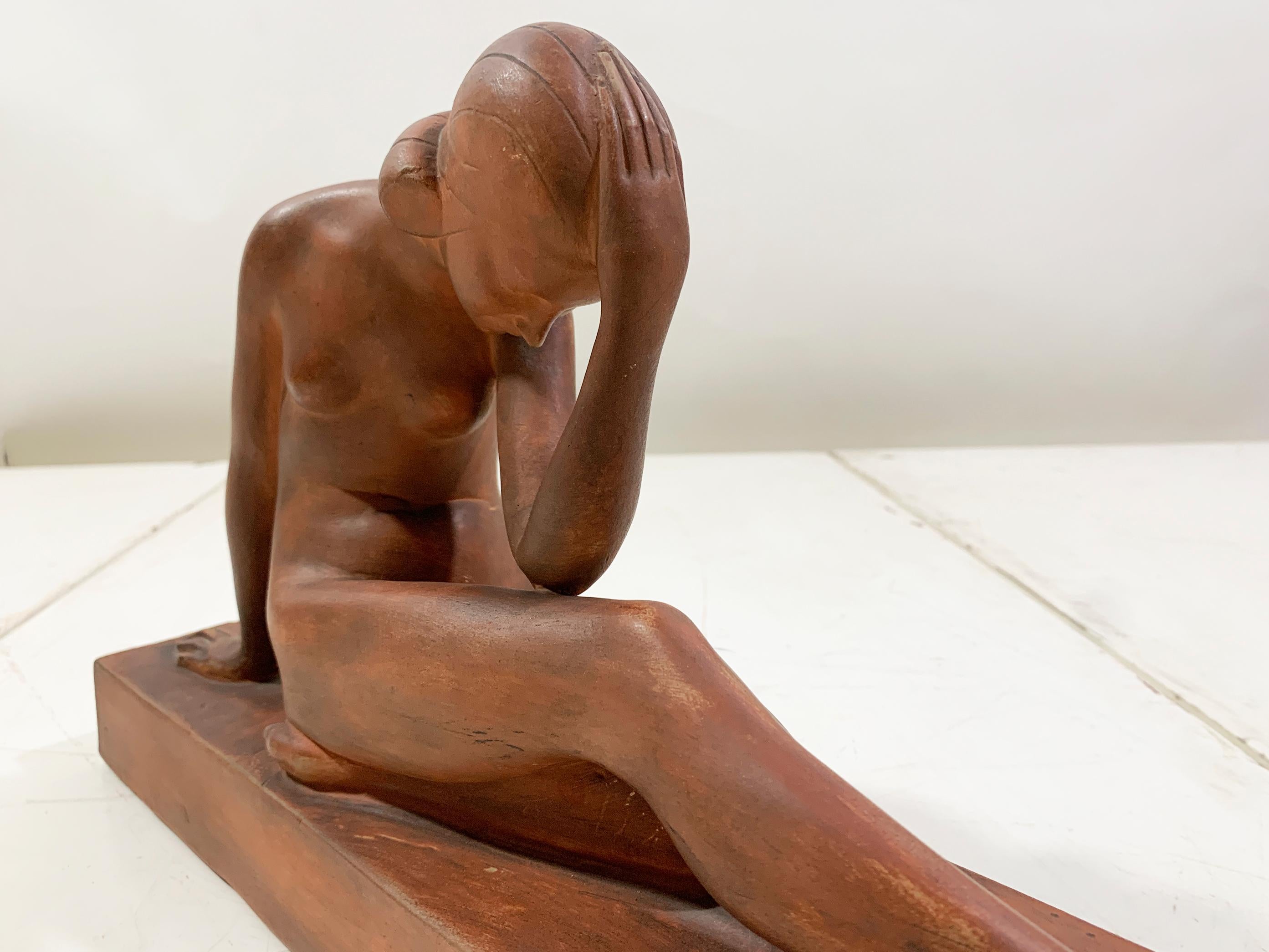 Scultura Art Deco di nudo in terracotta, circa anni '30, firmata 