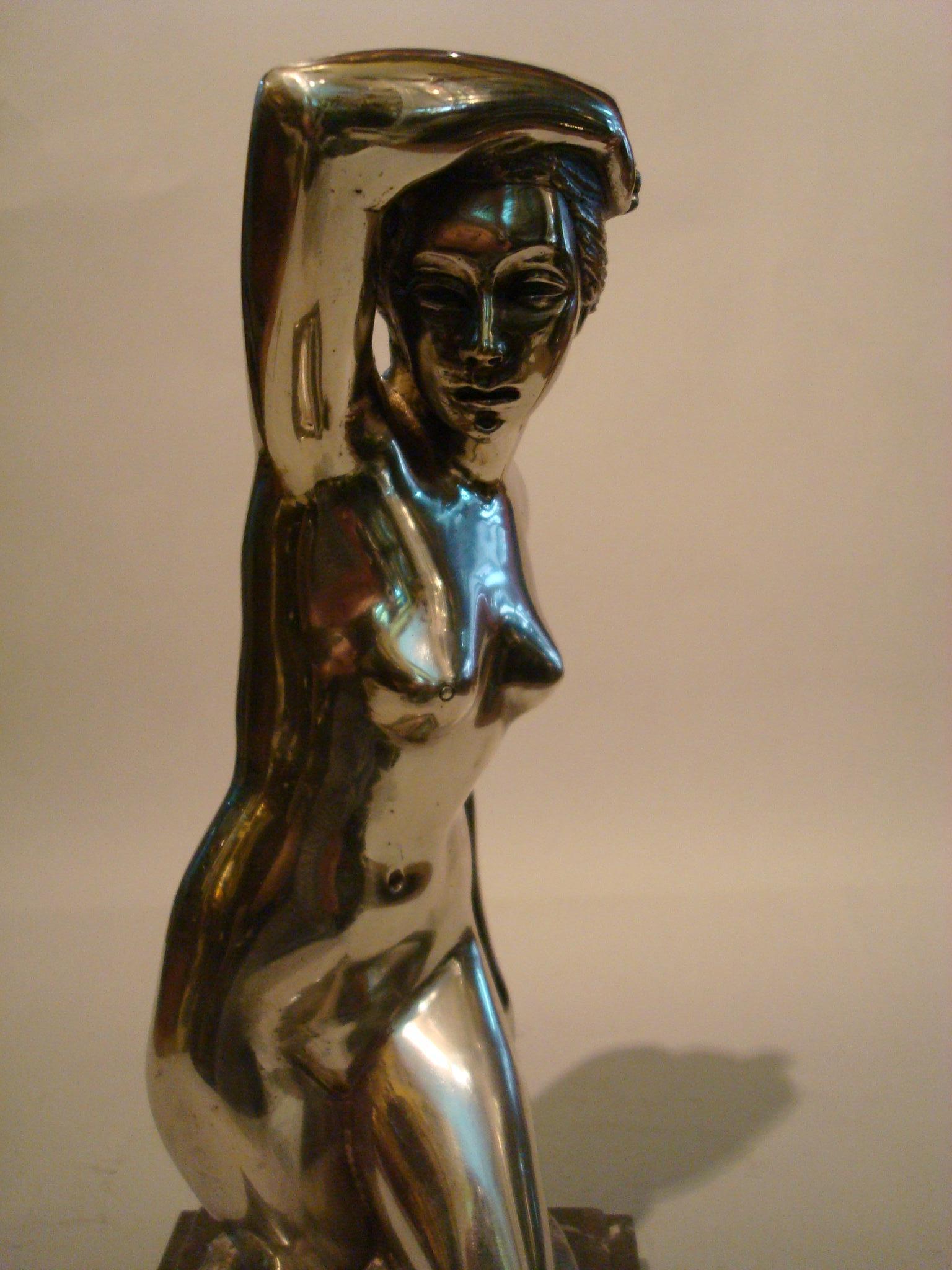 Silvered Art Deco Nude Woman Bronze Sculpture