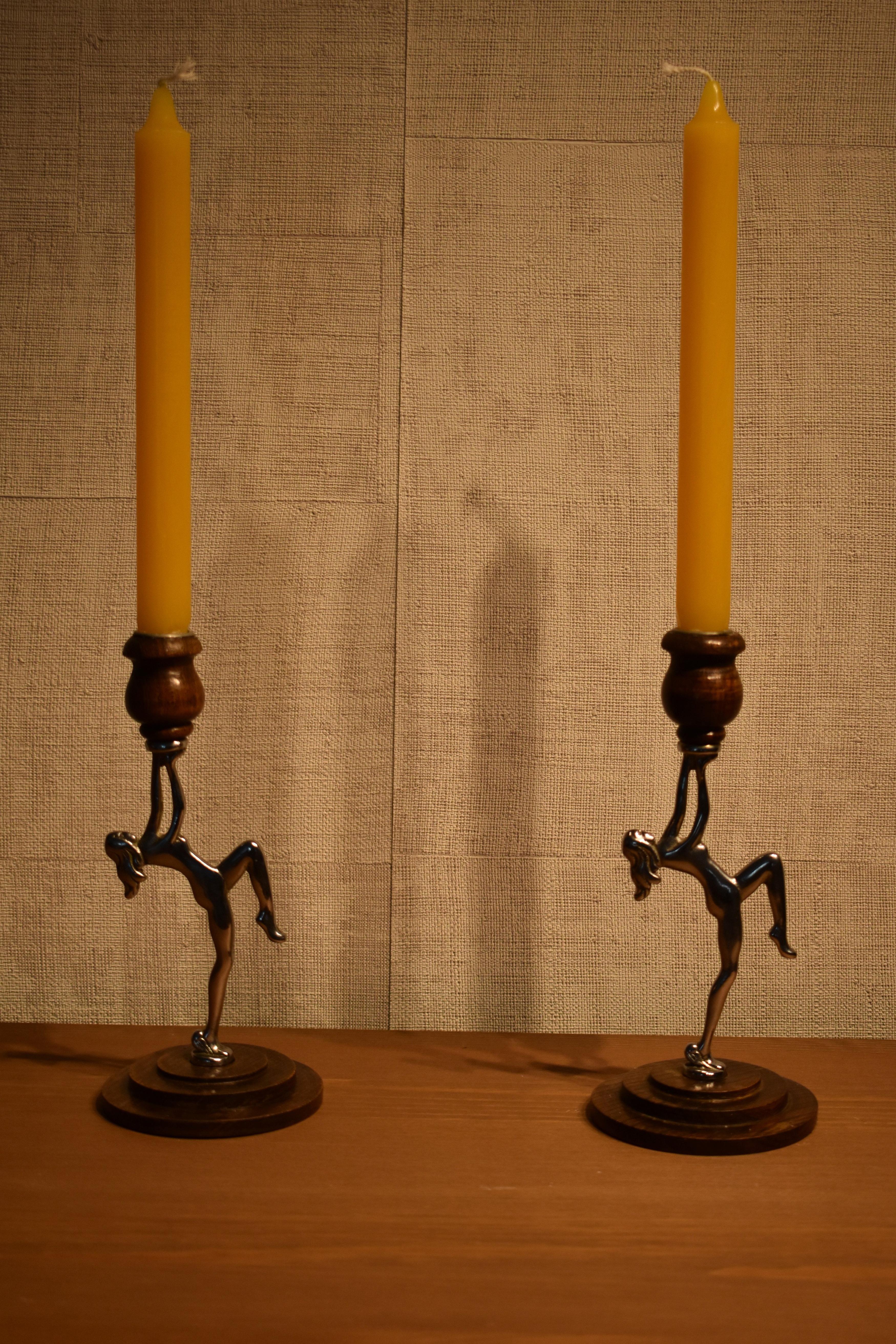 Art Deco Nude Woman Candlesticks Chrome and Wood, circa 1930 In Good Condition In Amsterdam, NL