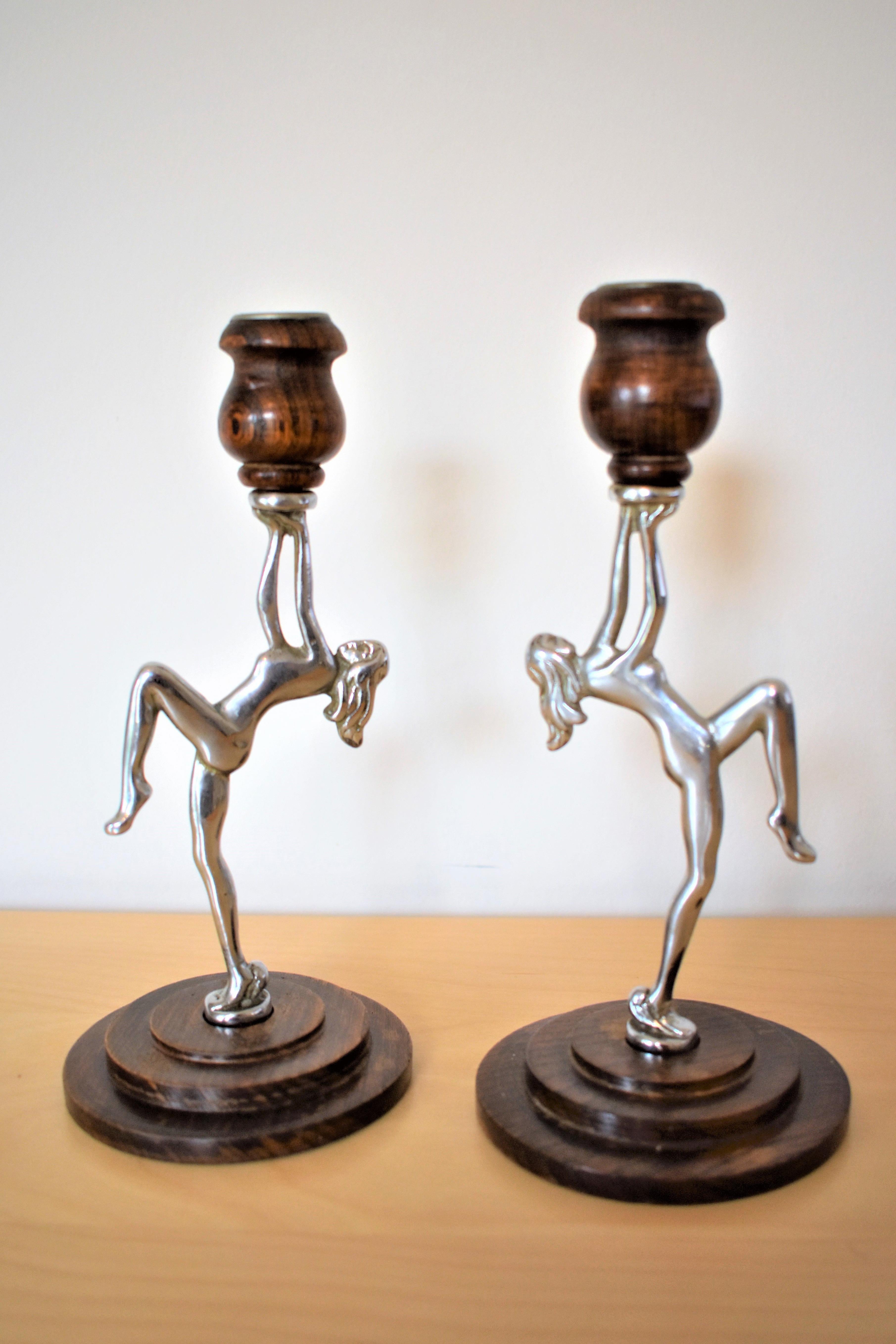 Art Deco Nude Woman Candlesticks Chrome and Wood, circa 1930 2