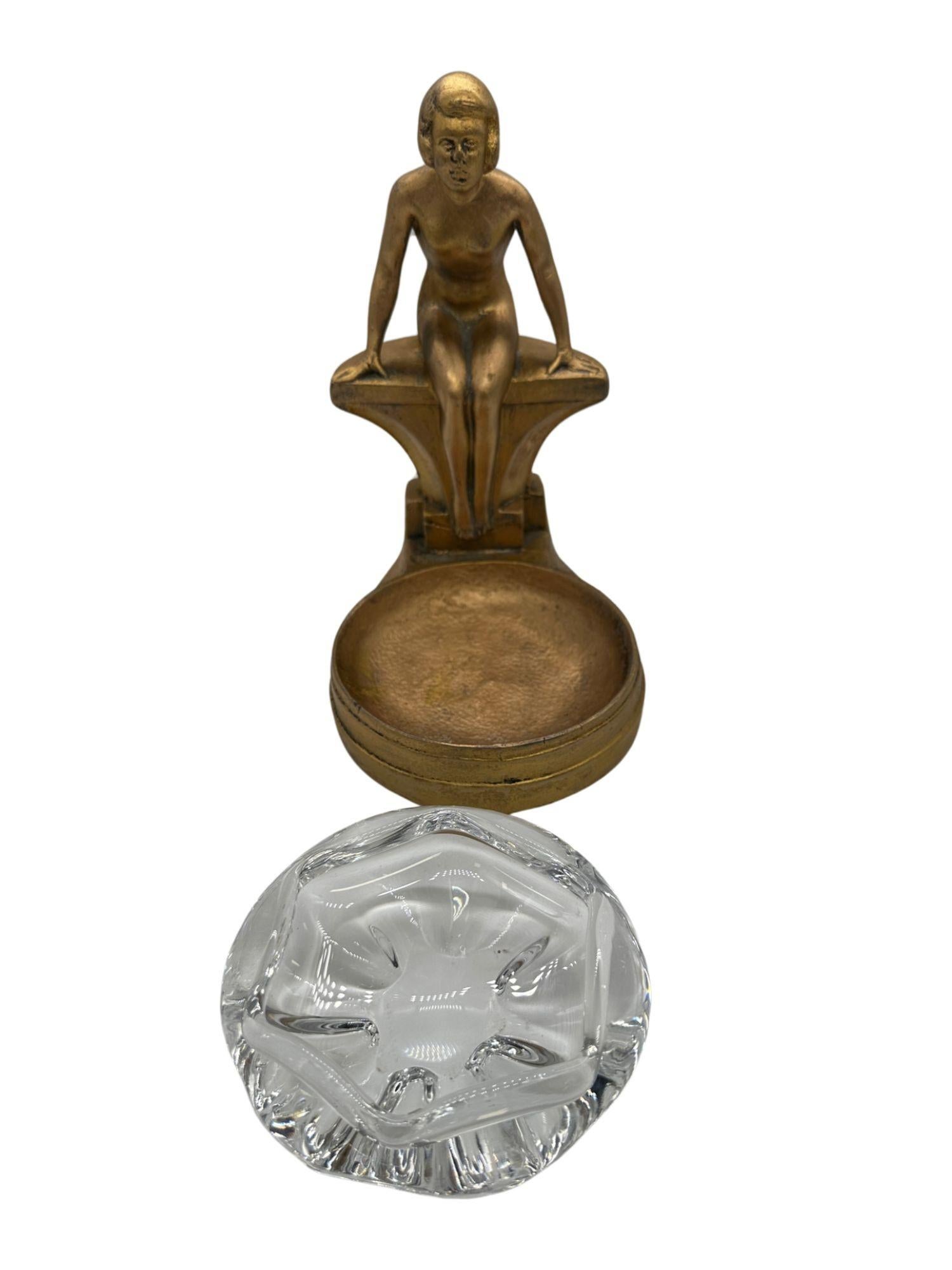 Art Deco Nude Woman Seated at Pool Bronze & Crystal Sculpter Ashtray by Nuart For Sale 2