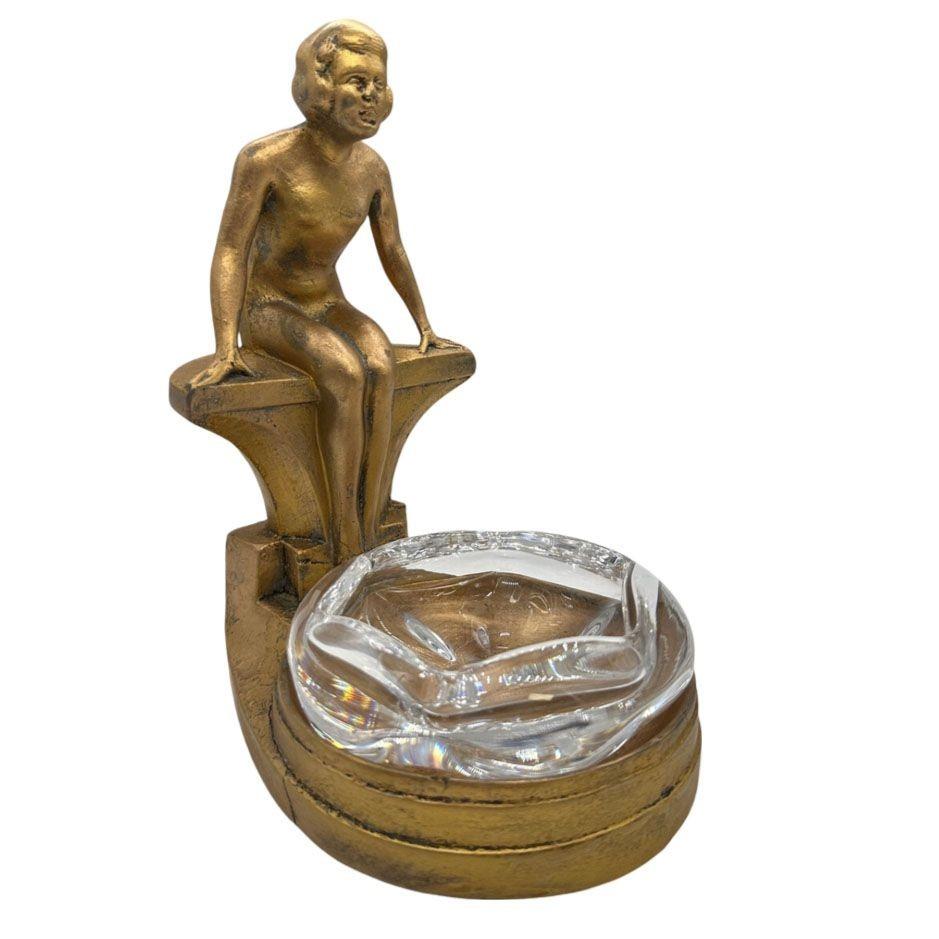 Art Deco Nude Woman Seated at Pool Bronze & Crystal Sculpter Ashtray by Nuart For Sale 4