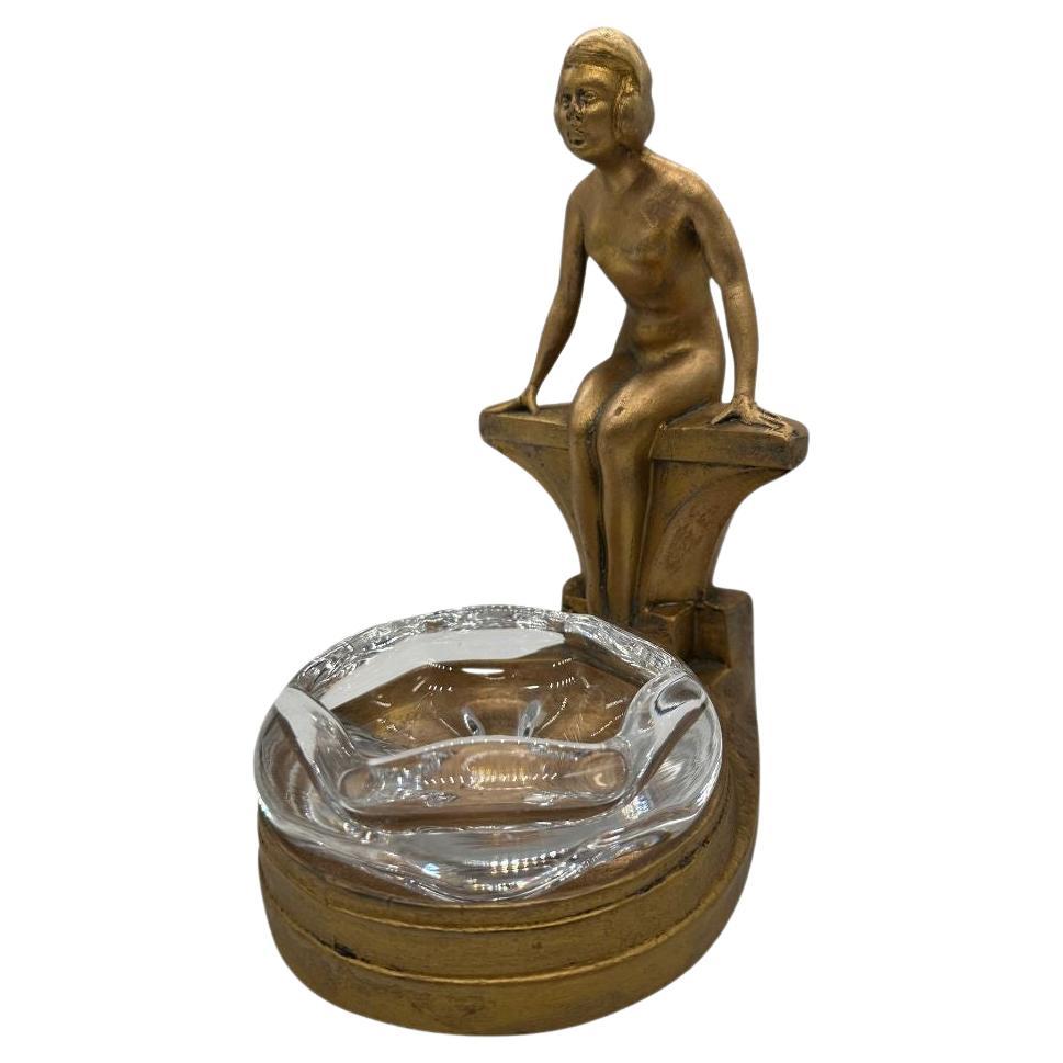 Art Deco Nude Woman Seated at Pool Bronze & Crystal Sculpter Ashtray by Nuart For Sale