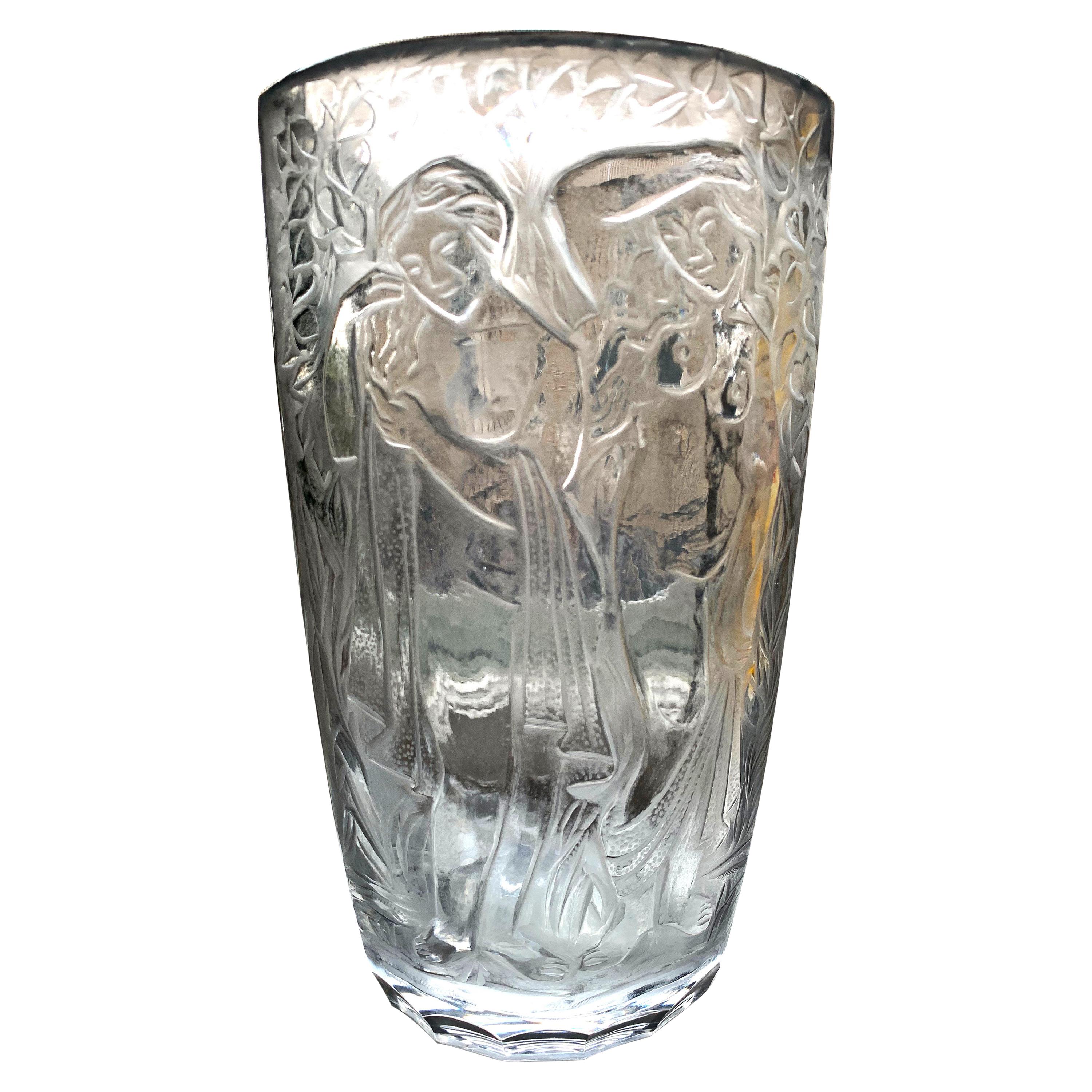 "Art Deco Nudes, " Deeply Engraved Glass Vase with Female Nudes, Czech/Bohemian For Sale