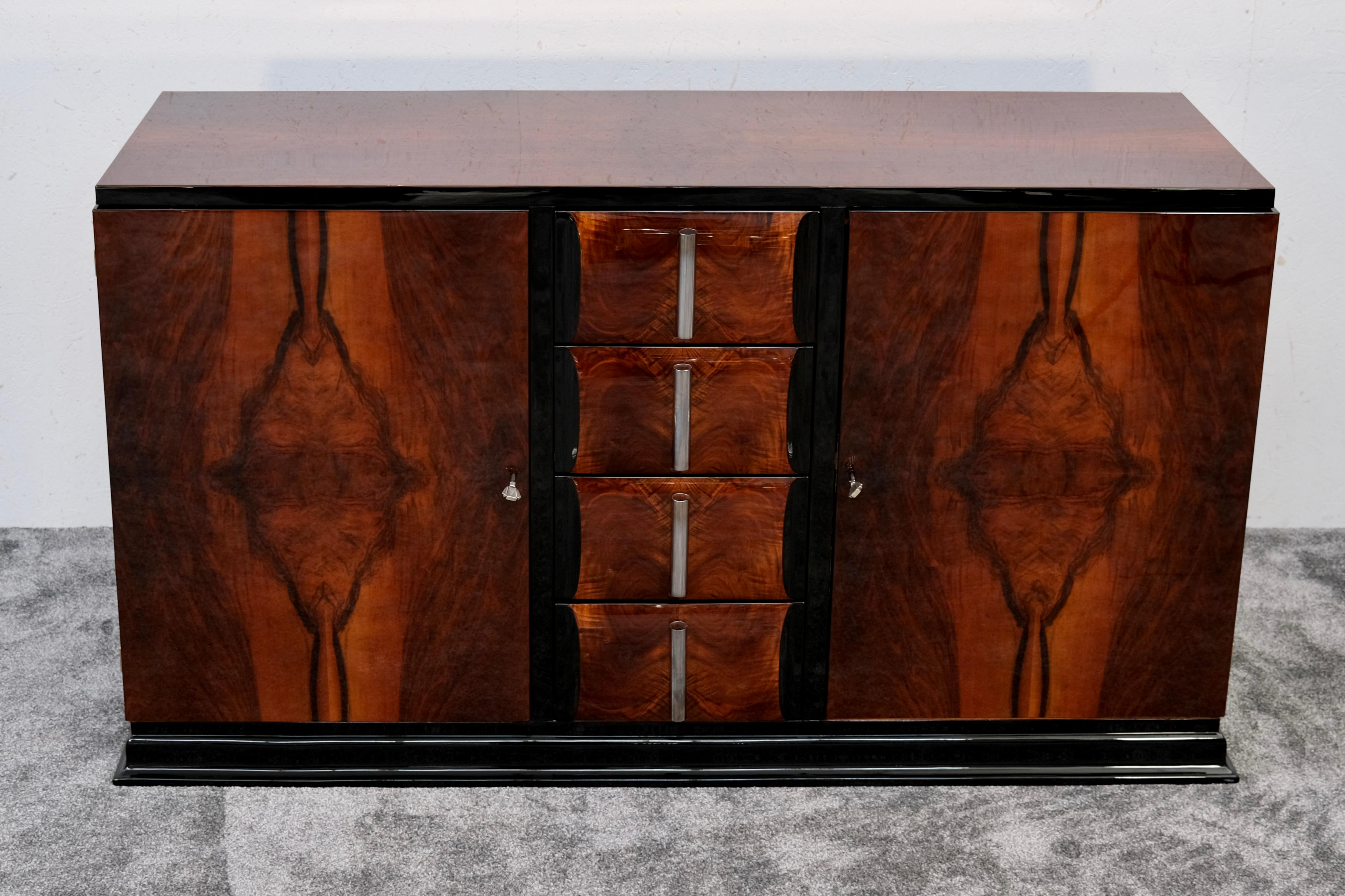 French Art Deco Nutwood Sideboard with Black Lacquer and Chrome Handles, France 1930s For Sale