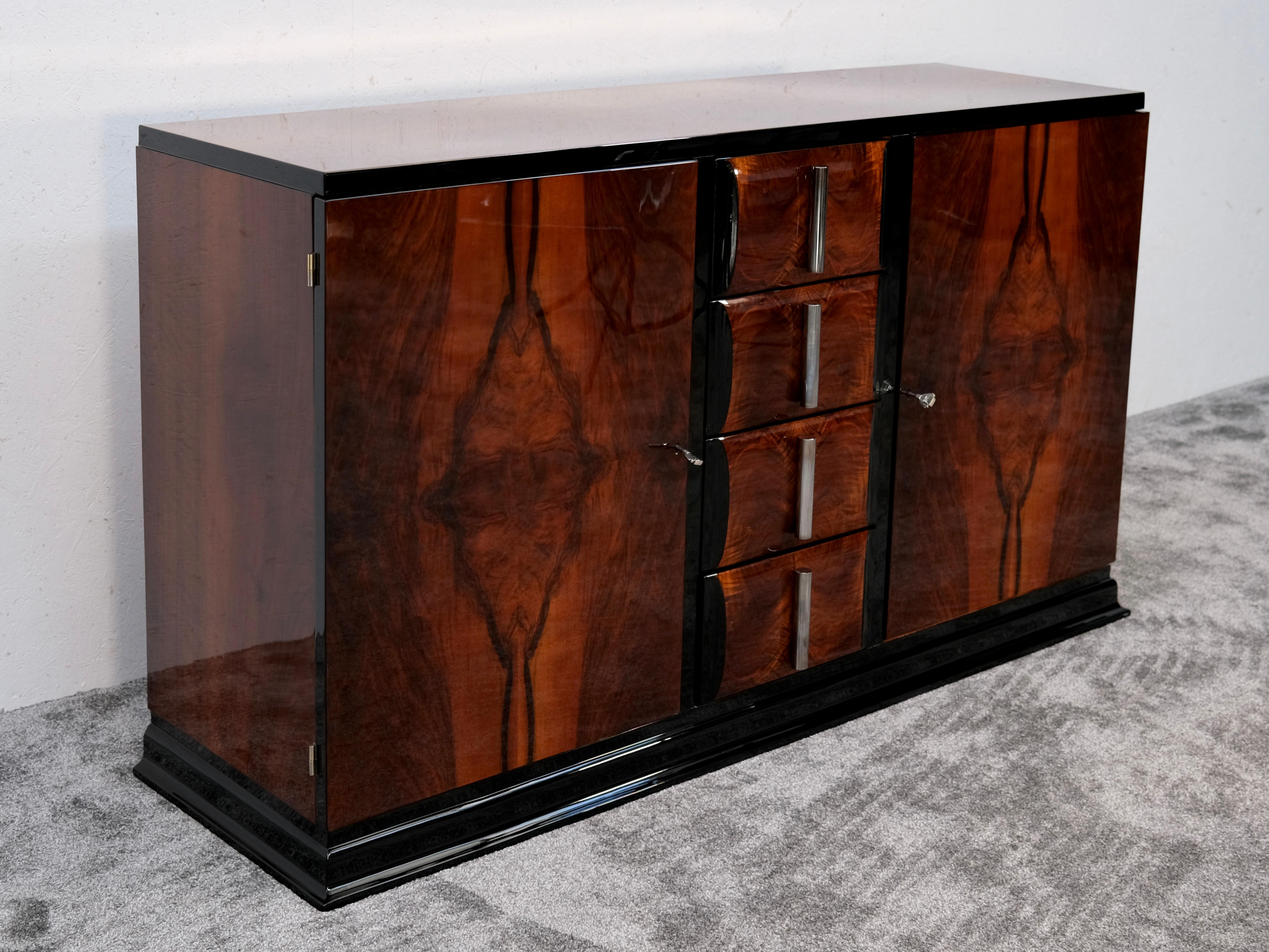 Blackened Art Deco Nutwood Sideboard with Black Lacquer and Chrome Handles, France 1930s For Sale
