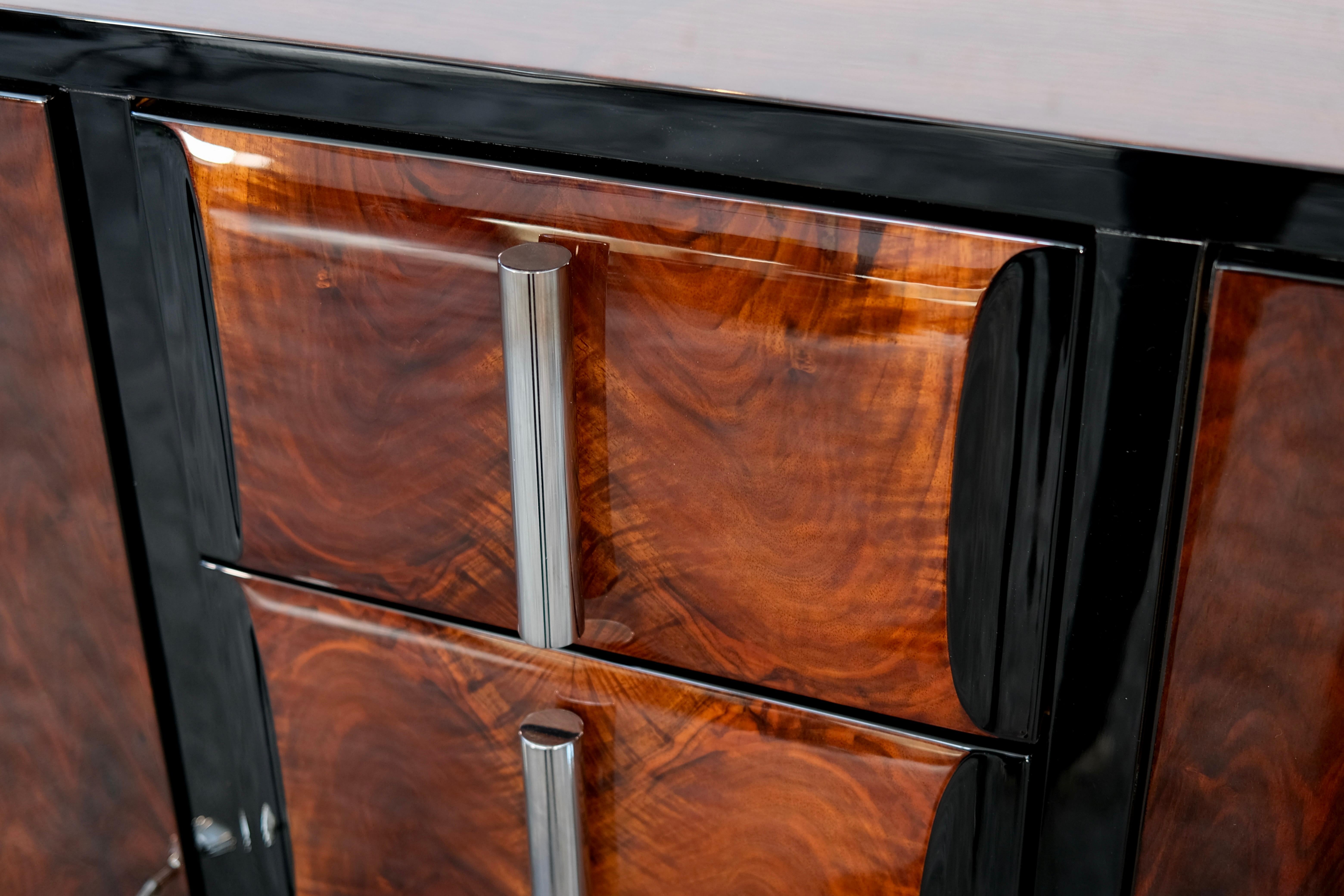 20th Century Art Deco Nutwood Sideboard with Black Lacquer and Chrome Handles, France 1930s For Sale