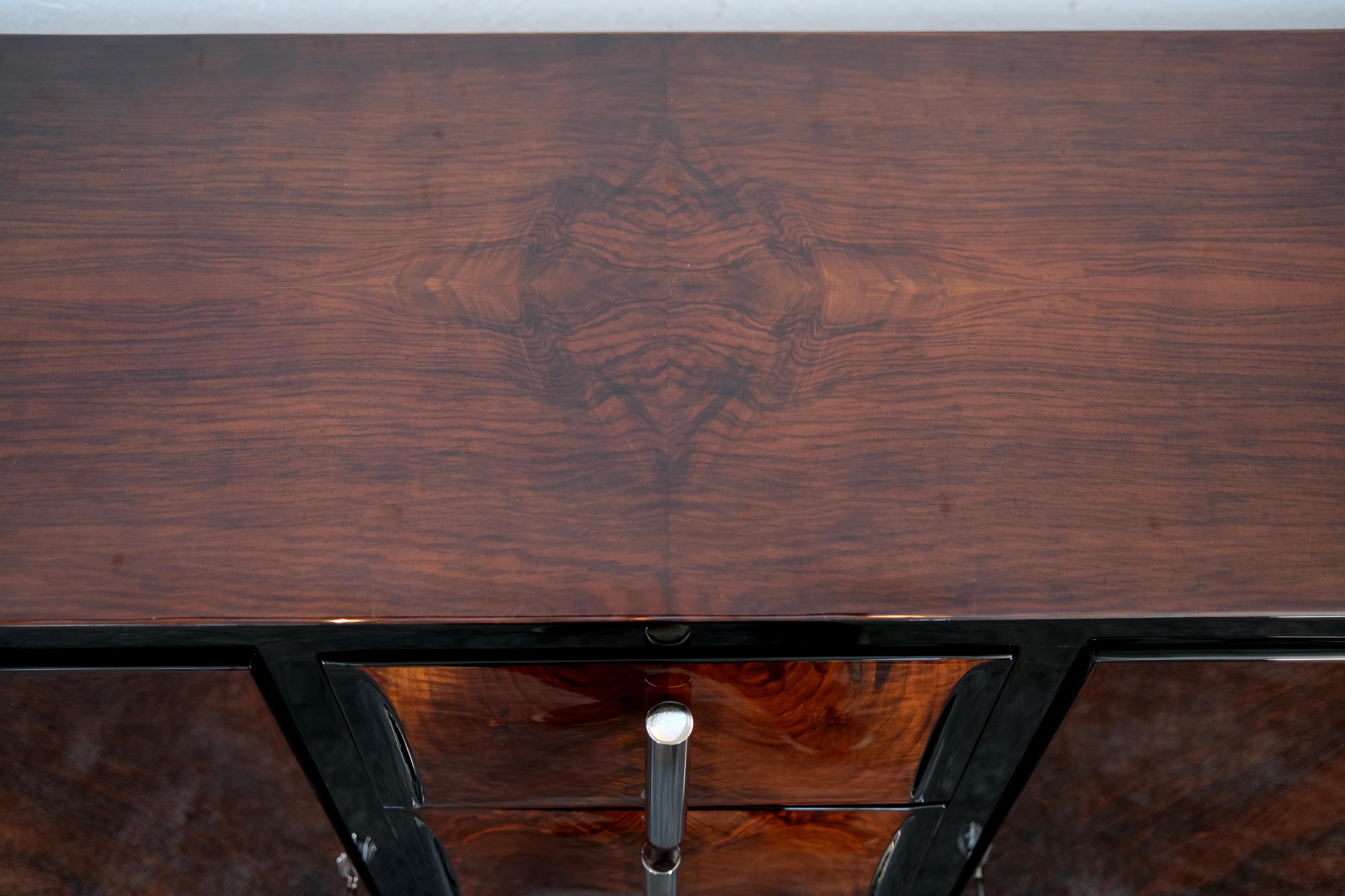Beech Art Deco Nutwood Sideboard with Black Lacquer and Chrome Handles, France 1930s For Sale
