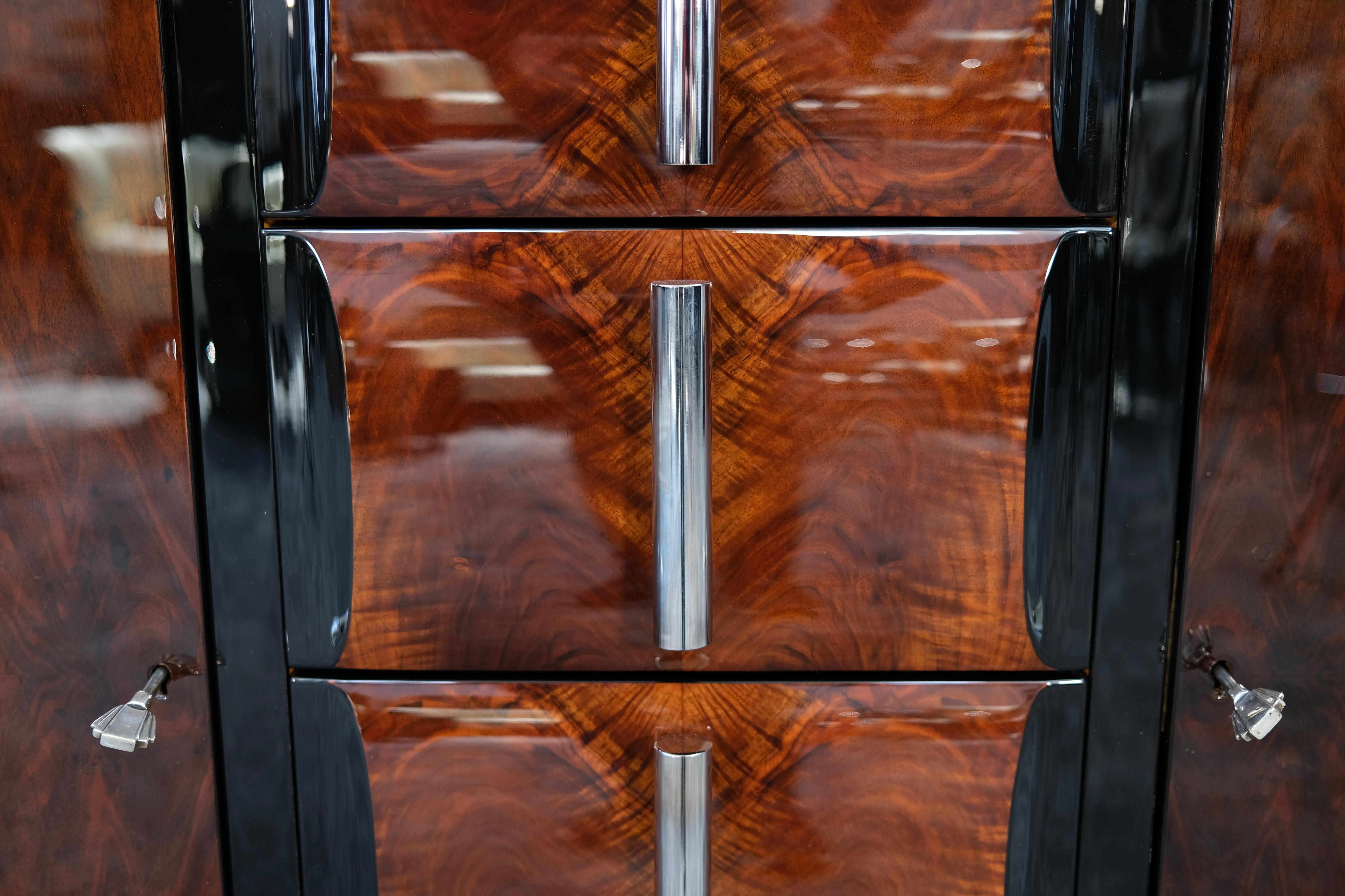Art Deco Nutwood Sideboard with Black Lacquer and Chrome Handles, France 1930s For Sale 1