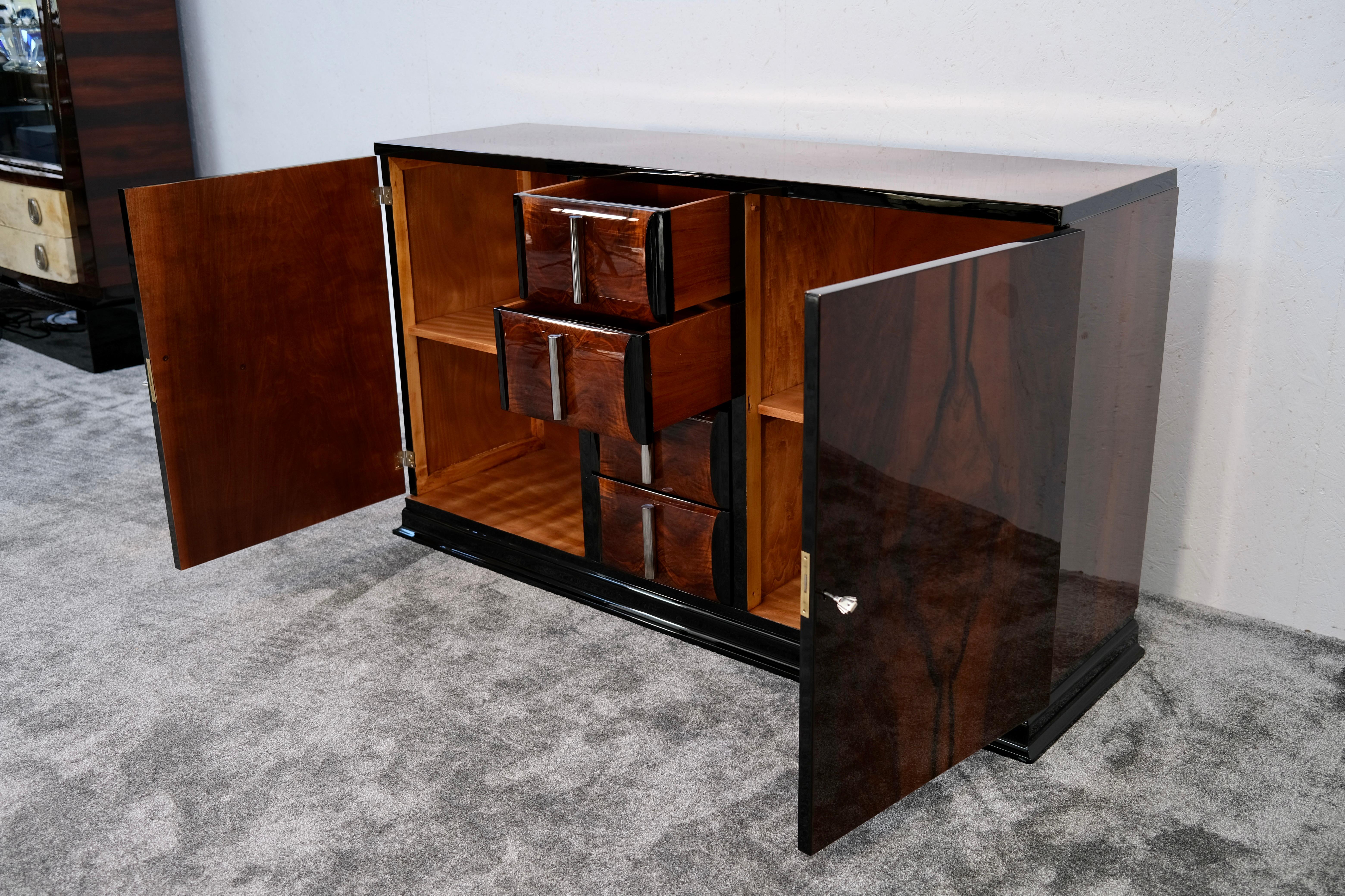 Art Deco Nutwood Sideboard with Black Lacquer and Chrome Handles, France 1930s For Sale 2