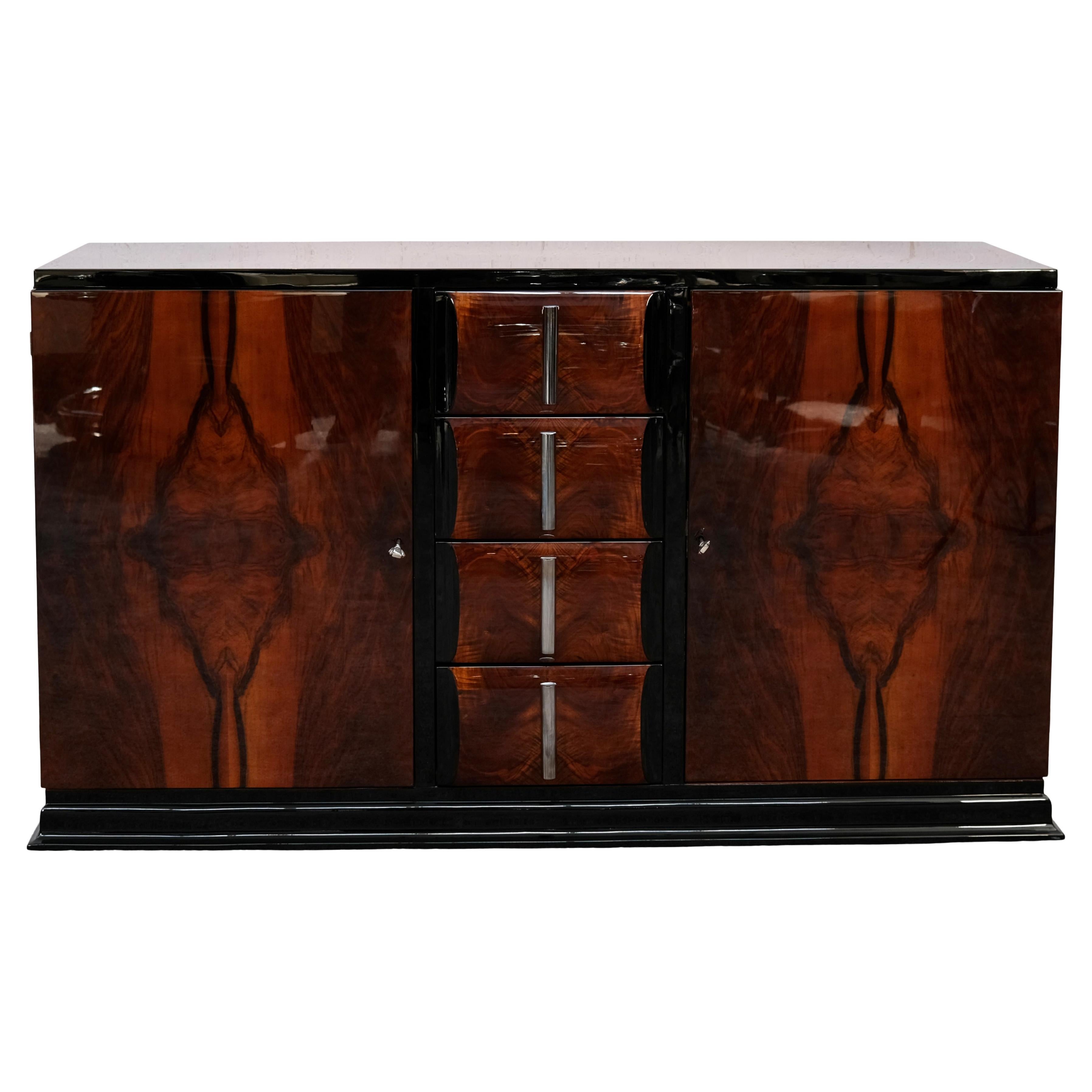 Art Deco Nutwood Sideboard with Black Lacquer and Chrome Handles, France 1930s For Sale