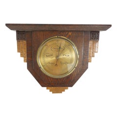 Vintage Art Deco Oak and Brass Aneroid Barometer England, 1930 973